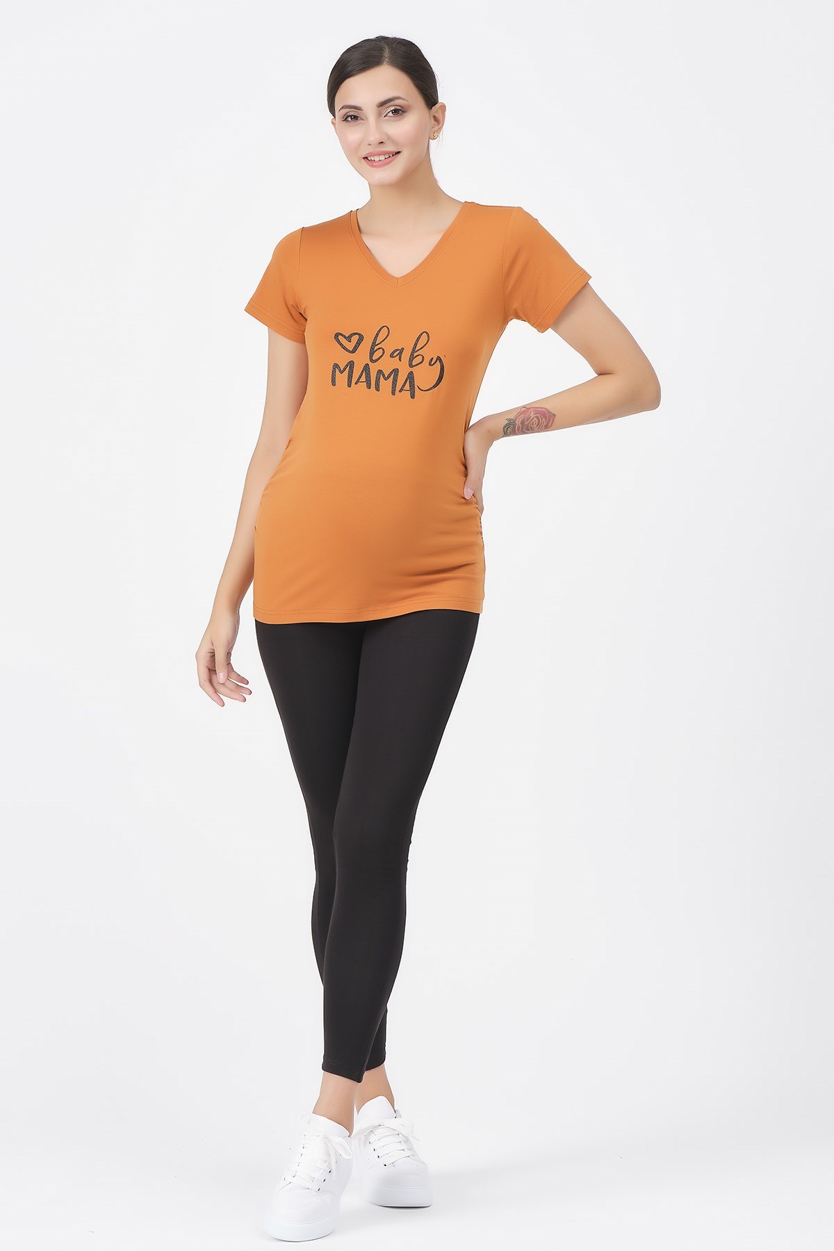 Busa Hamile V Yaka Baby Mama Baskılı Tişört Kiremit