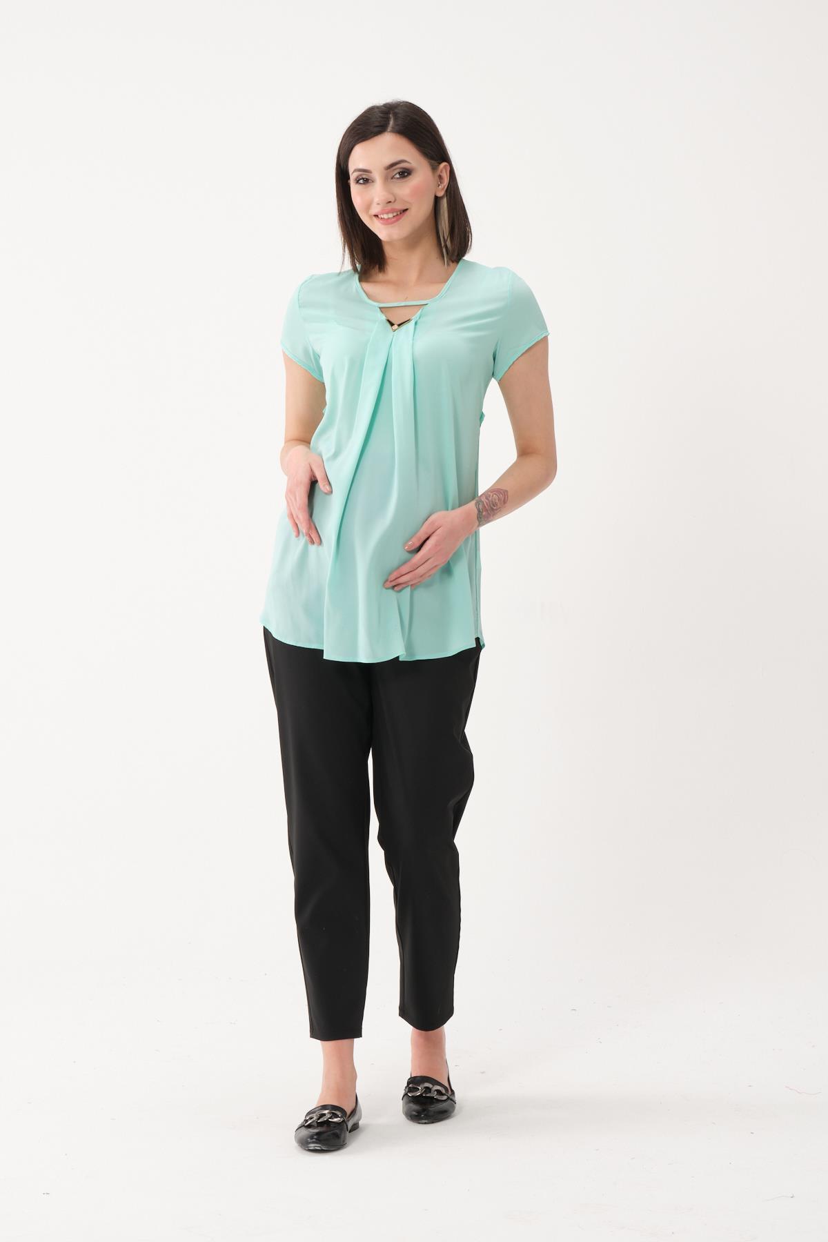 Busa Hamile V Yaka Kısa Kollu Şifon Bluz Mintyeşili