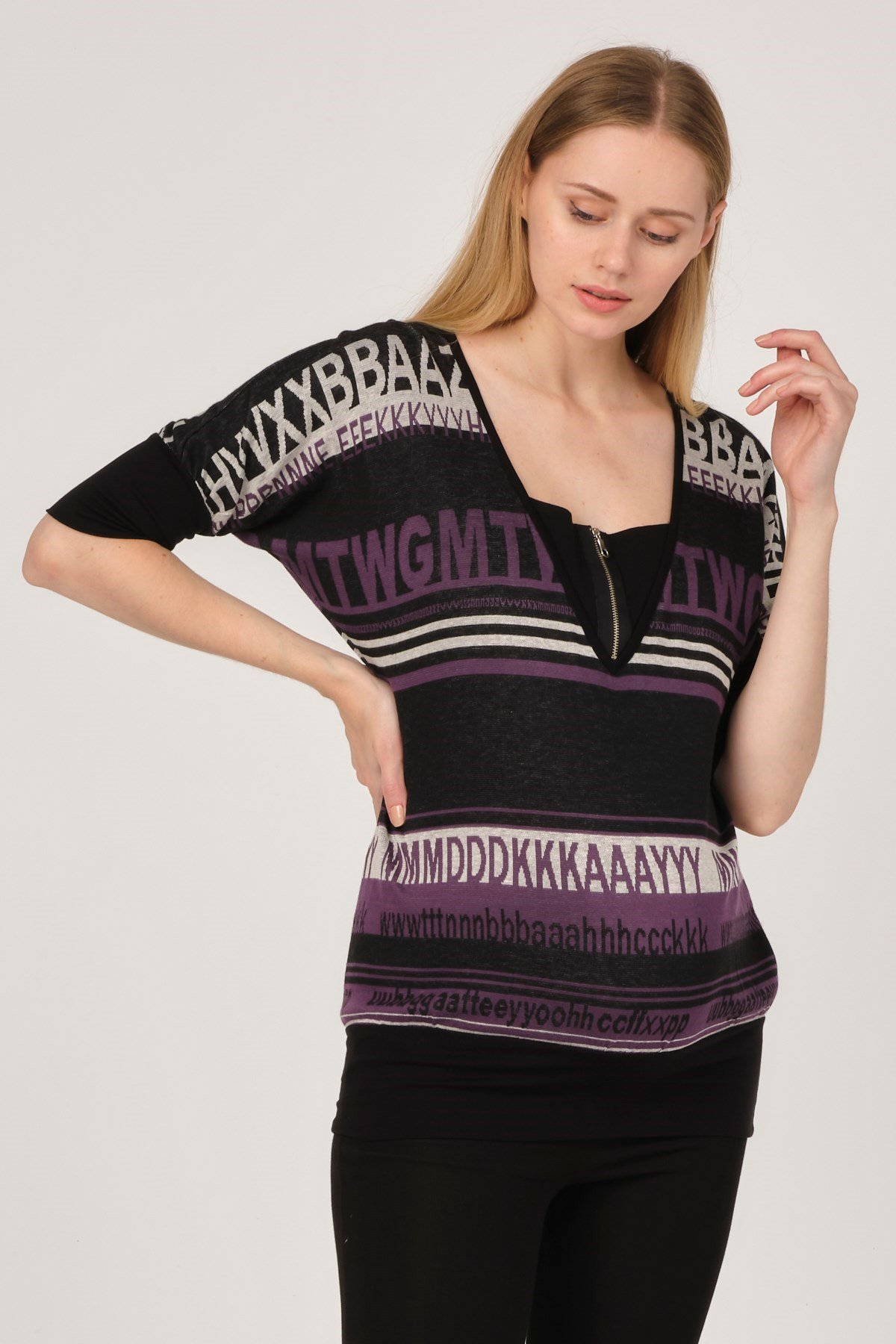 Busa Maternity Zippered Patterned Tunic Purple