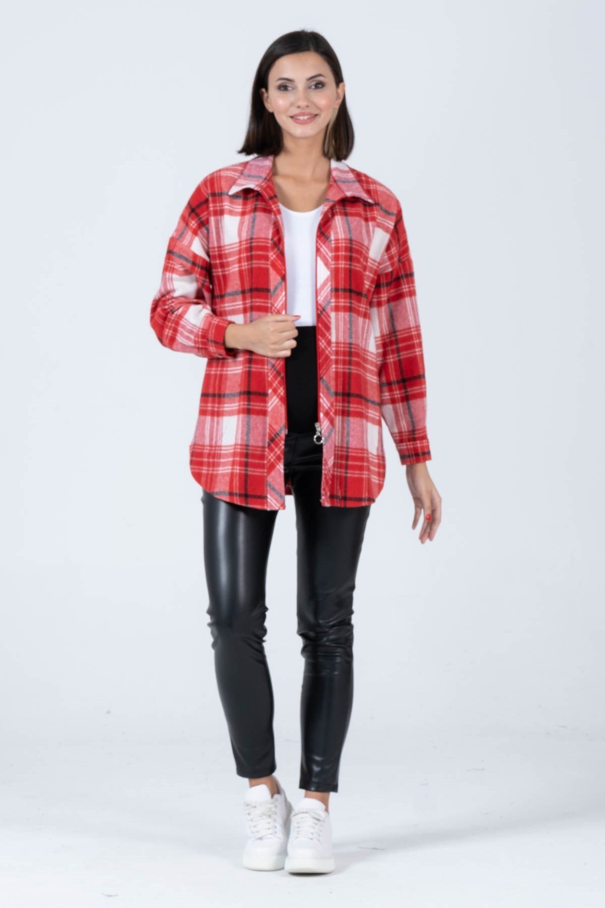 Busa Hamile Yandan Cepli Önden Fermuarlı Ekose Oduncu Gömlek Kırmızı