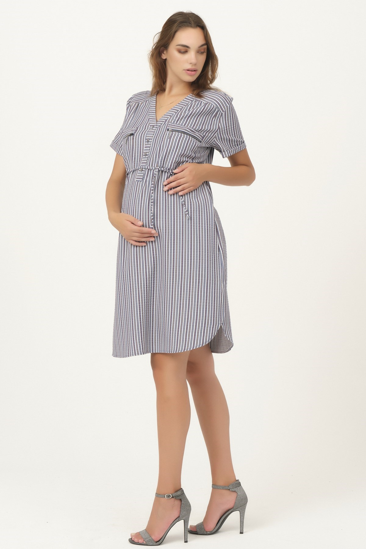 Busa Maternity Front Button Striped Casual Dress Navy Blue