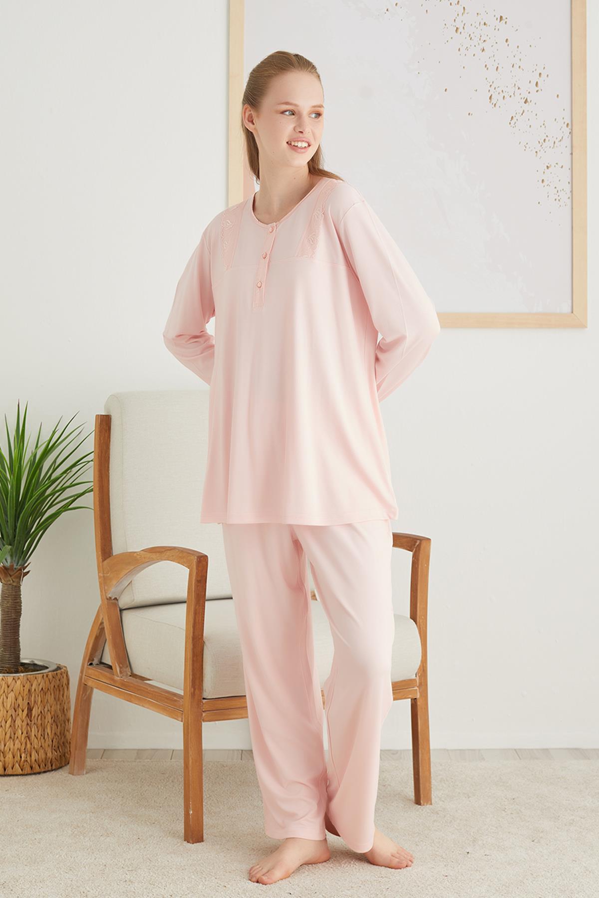 Büyük Beden 2822 Güpür Detaylı Lohusa Pijama Takımı - Lohusa Hamile