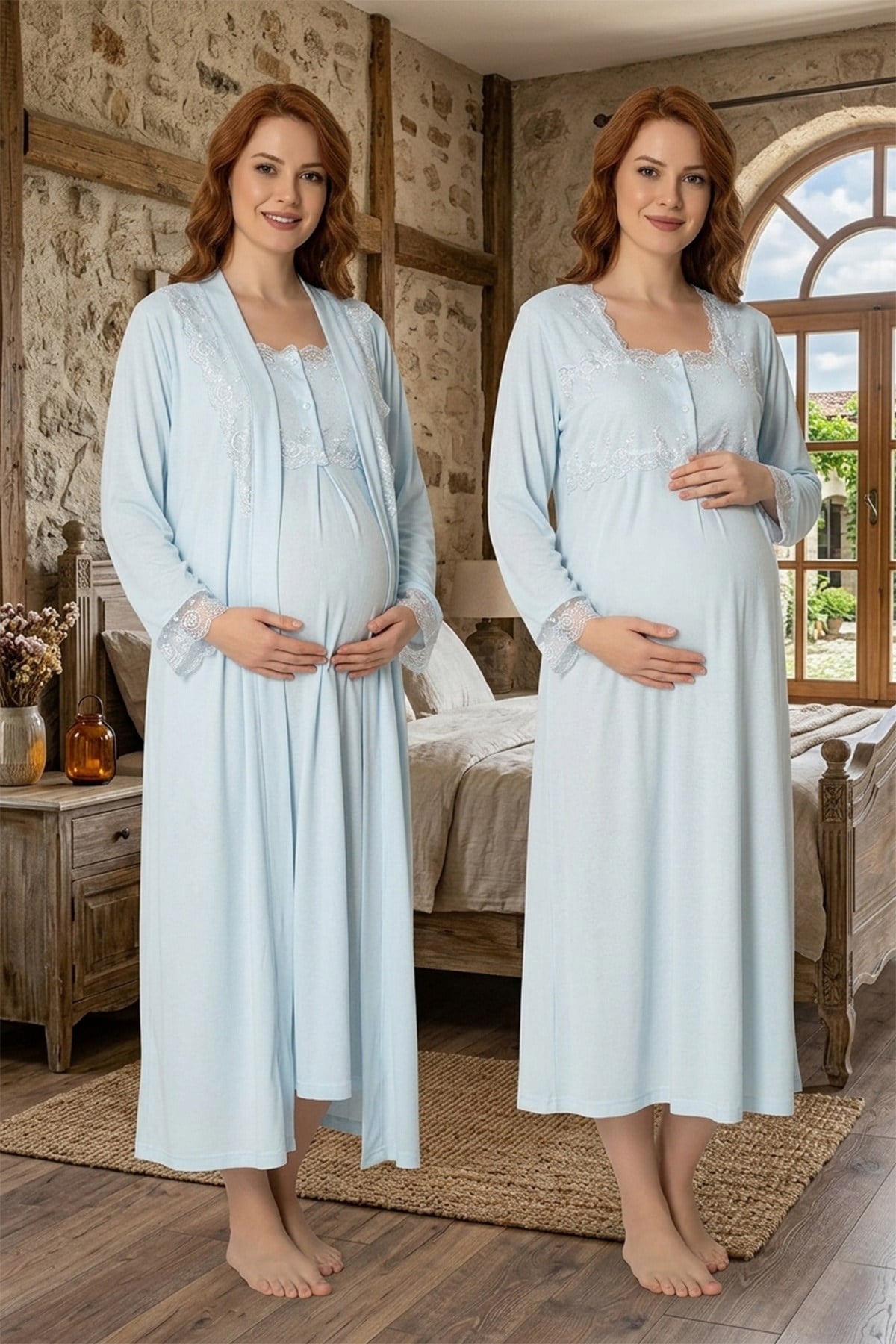 Dantel Detaylı Mavi Sabahlıklı Lohusa Gecelik Takımı