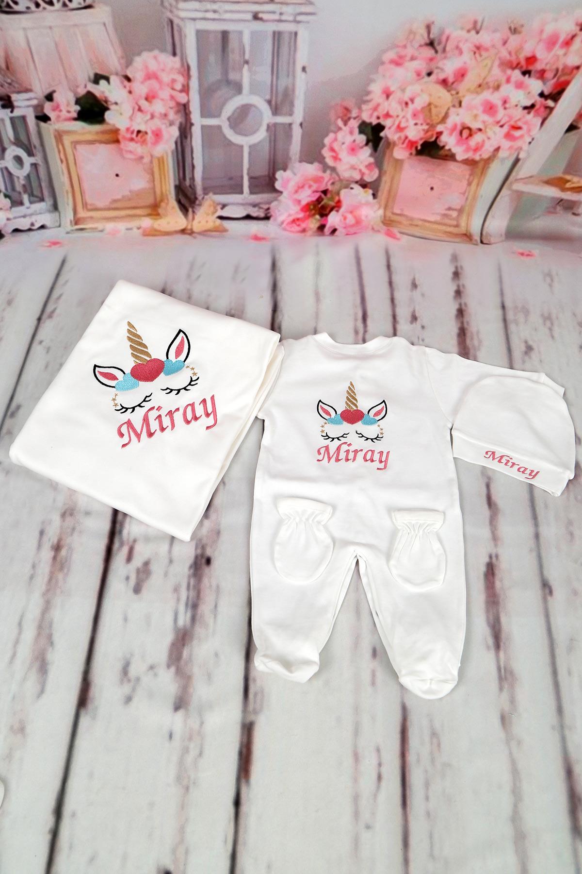 İsme Özel Unicorn Nakışlı 4'lü Bebek Tulum Seti
