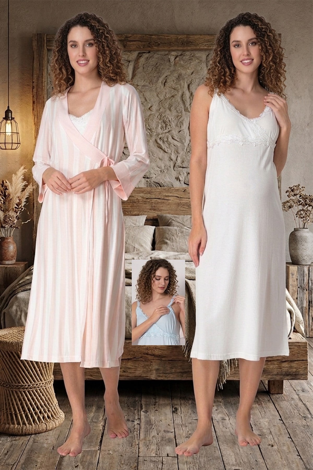 Somon Ekru Emzirme Özellikli Askılı Çizgi Sabahlıklı Lohusa Gecelik Takımı 19035