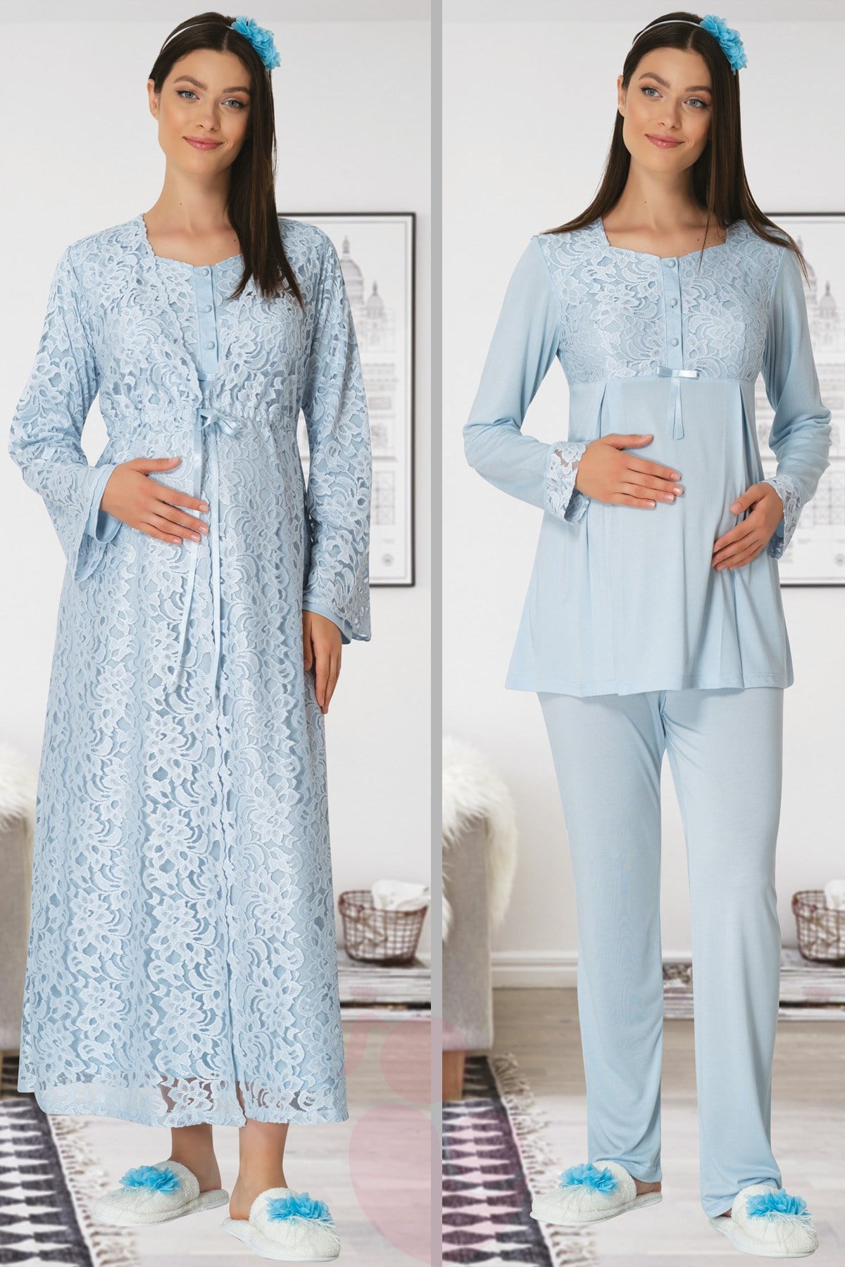 Carpediem 1501 Mavi Güpür Sabahlıklı Lohusa Pijama