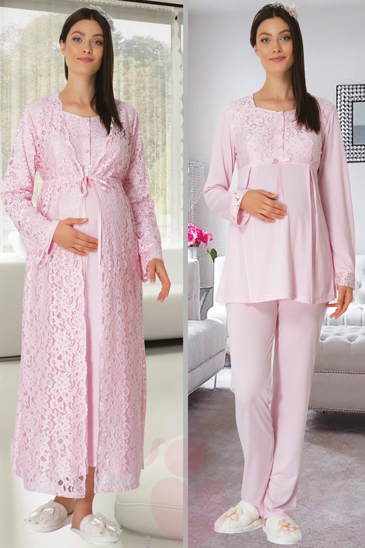 Carpediem 1501 Pembe Güpür Sabahlıklı Lohusa Pijama