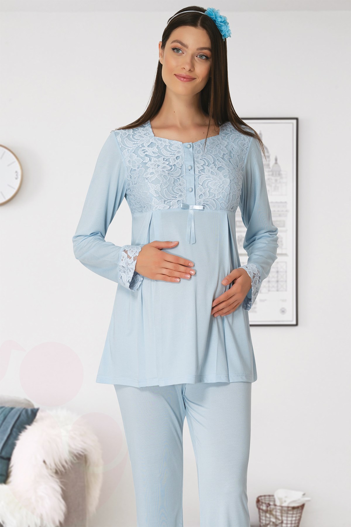 Carpediem 1503 Mavi Güpürlü Lohusa Pijama
