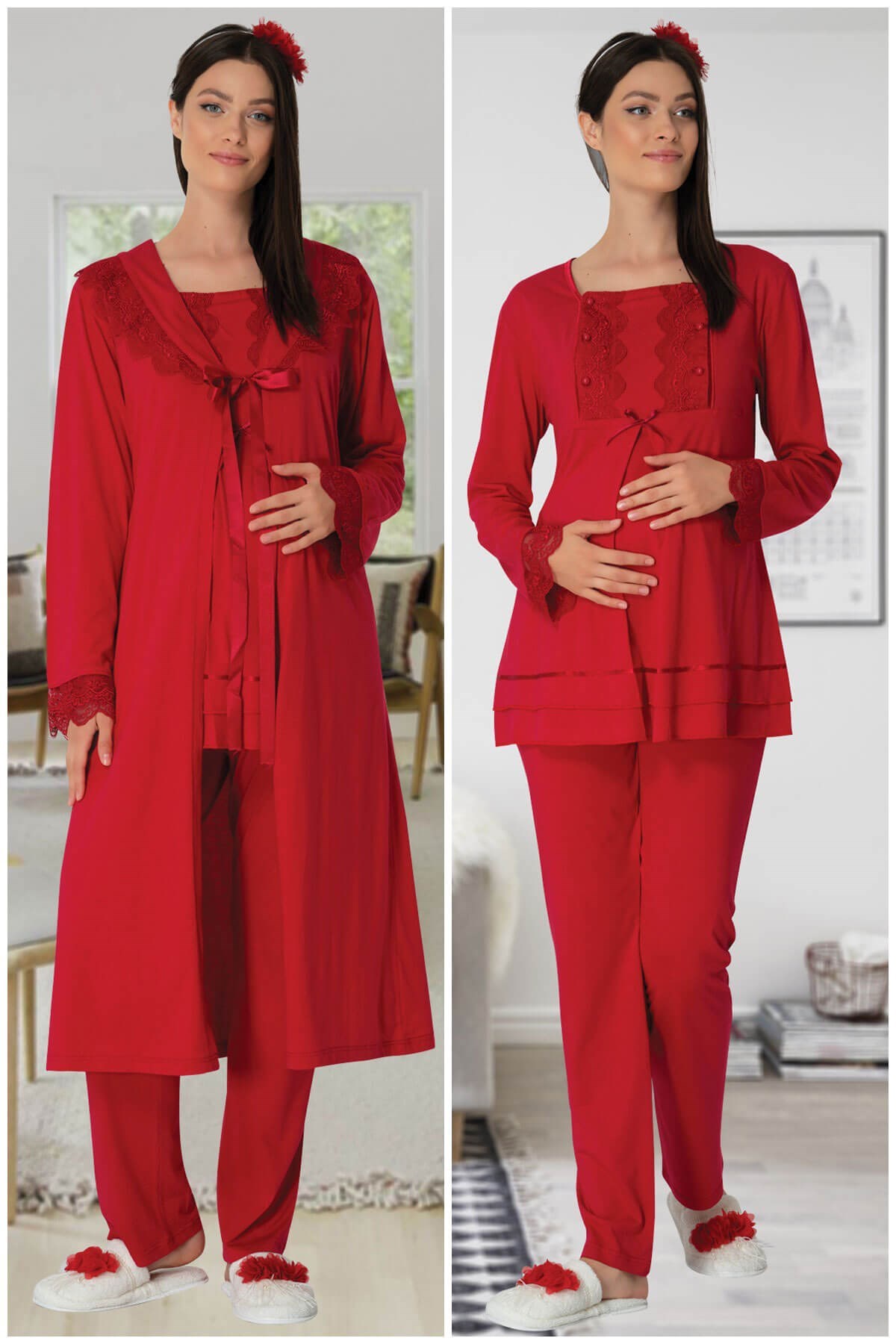 Carpediem 1513 Kırmızı Sabahlıklı Lohusa Pijama