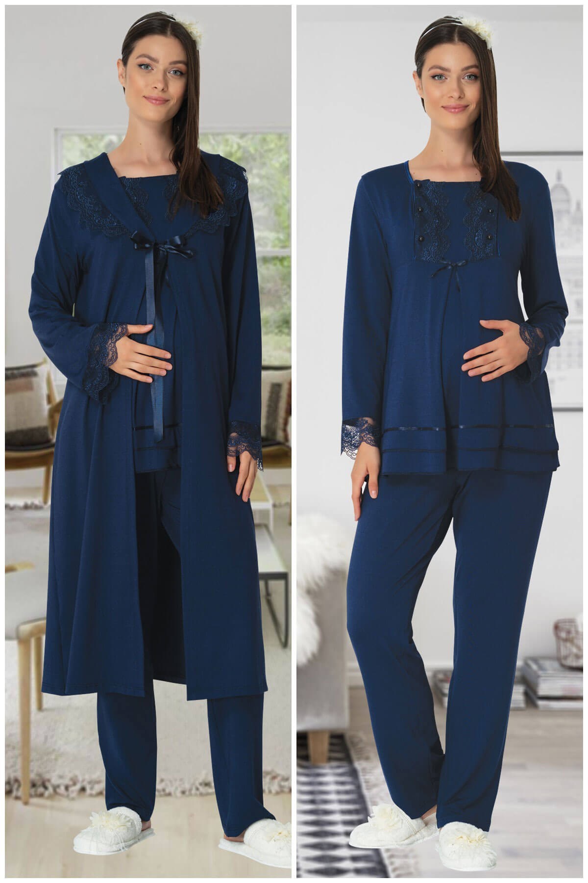 Carpediem 1513 Lacivert Sabahlıklı Hamile Lohusa Pijama Takımı