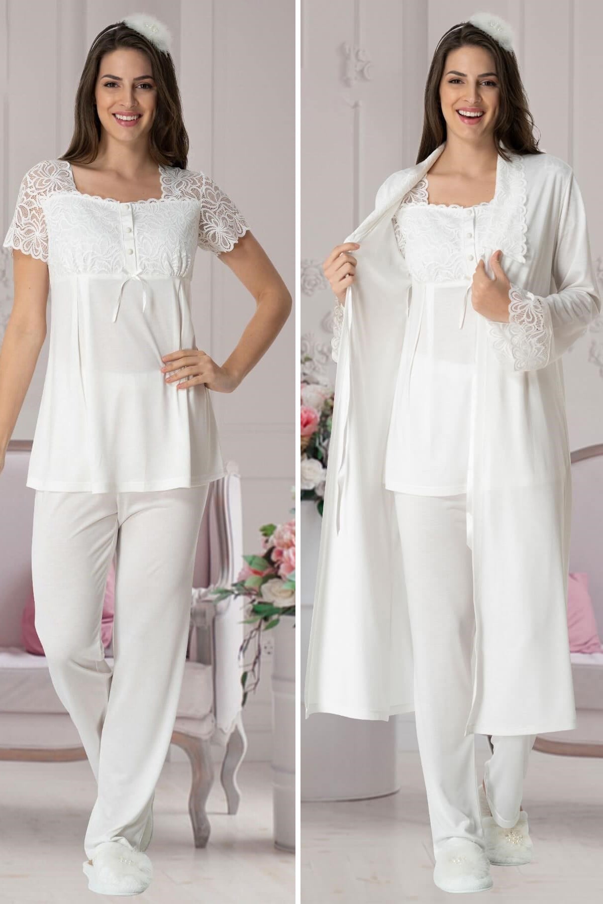 Carpediem 1541 Ekru Sabahlıklı Lohusa Pijama