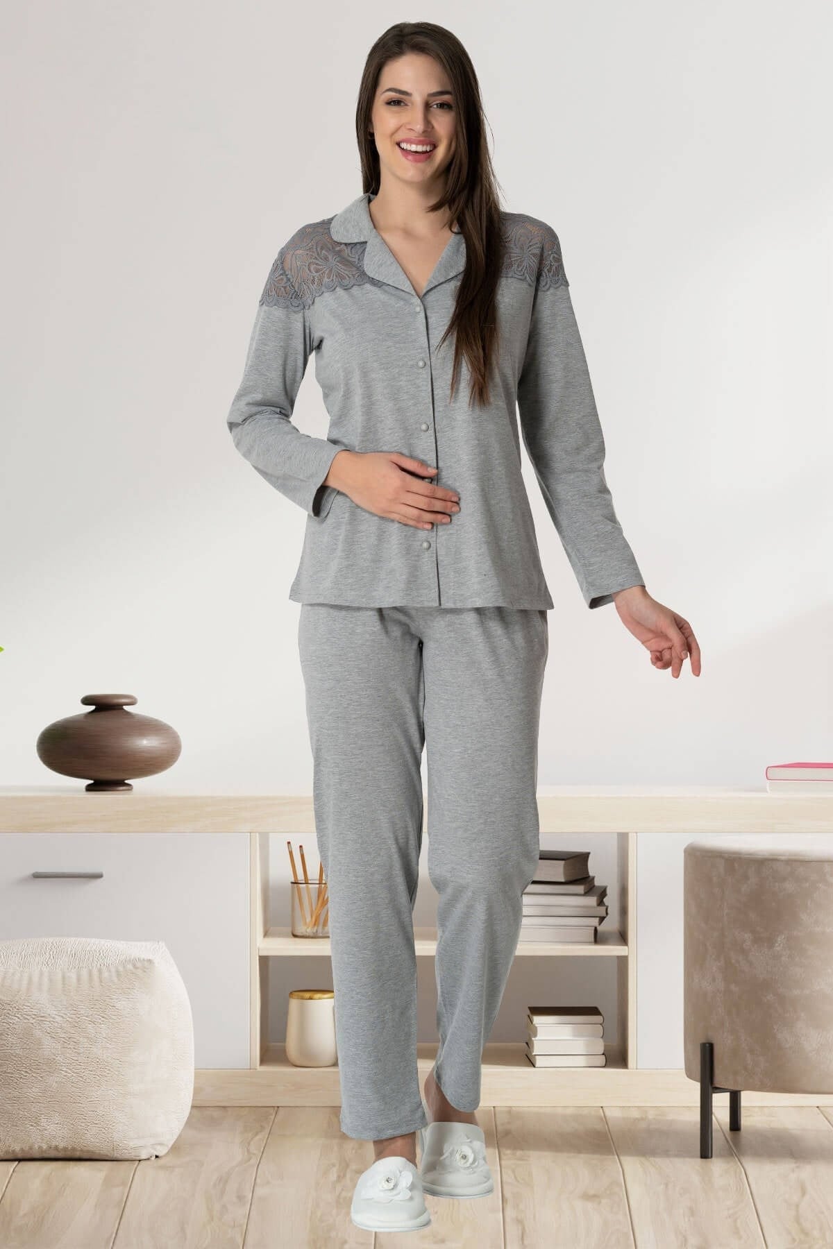 Carpediem 1545 Gri Önden Düğmeli Lohusa Pijama
