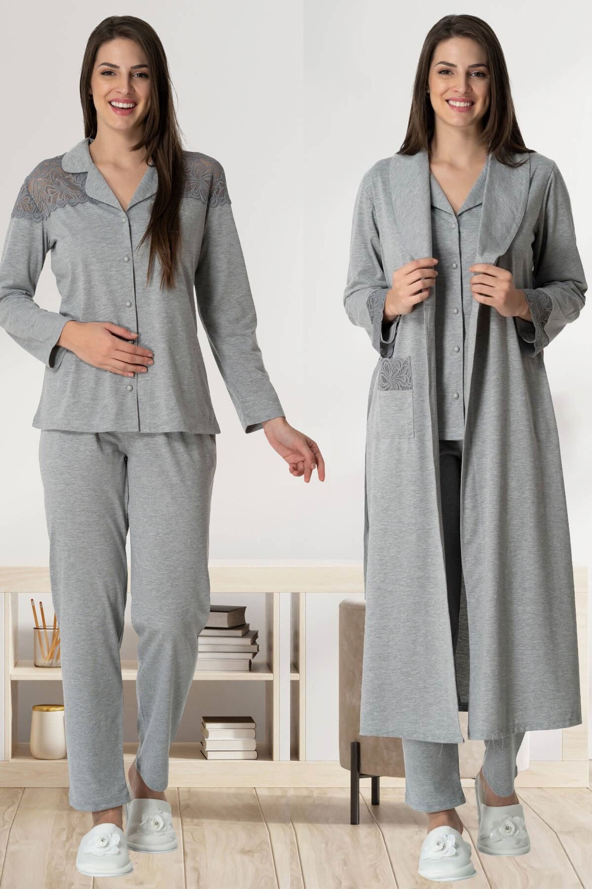 Carpediem 1547 Gri Sabahlıklı Lohusa Pijama