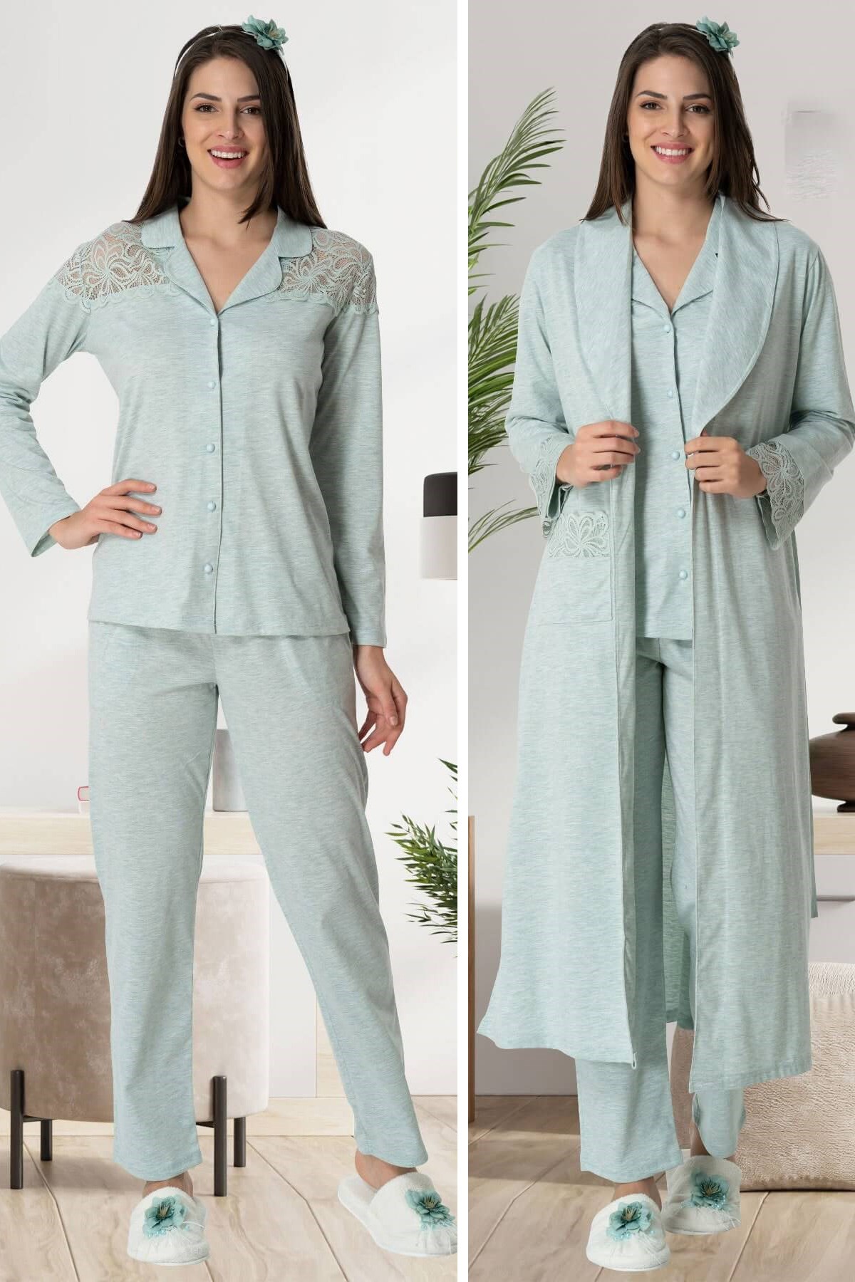 Carpediem 1547 Turkuaz Sabahlıklı Lohusa Pijama