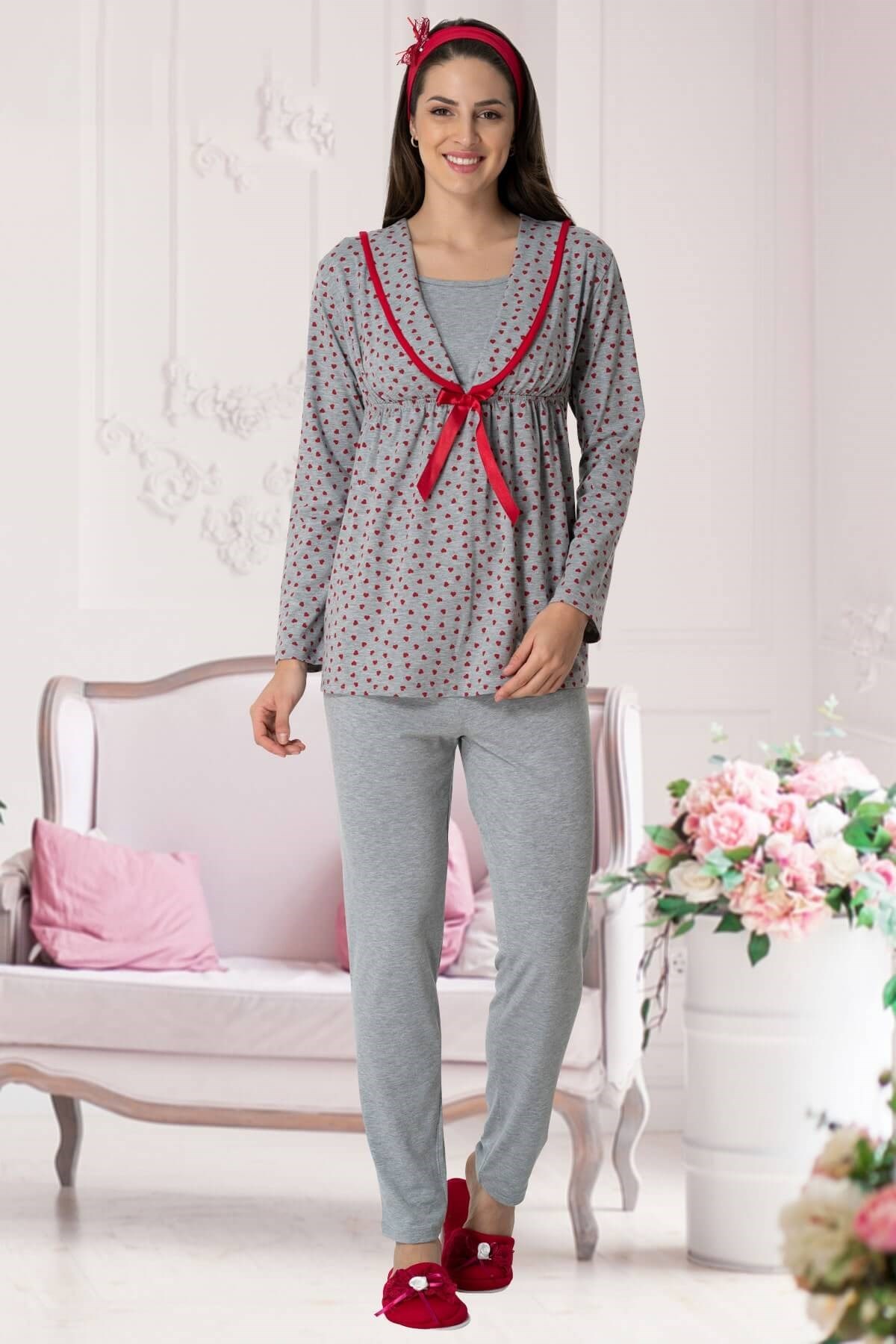 Carpediem 1556 Kırmızı Kalpli Emzirme Özellikli Lohusa Pijama Takımı
