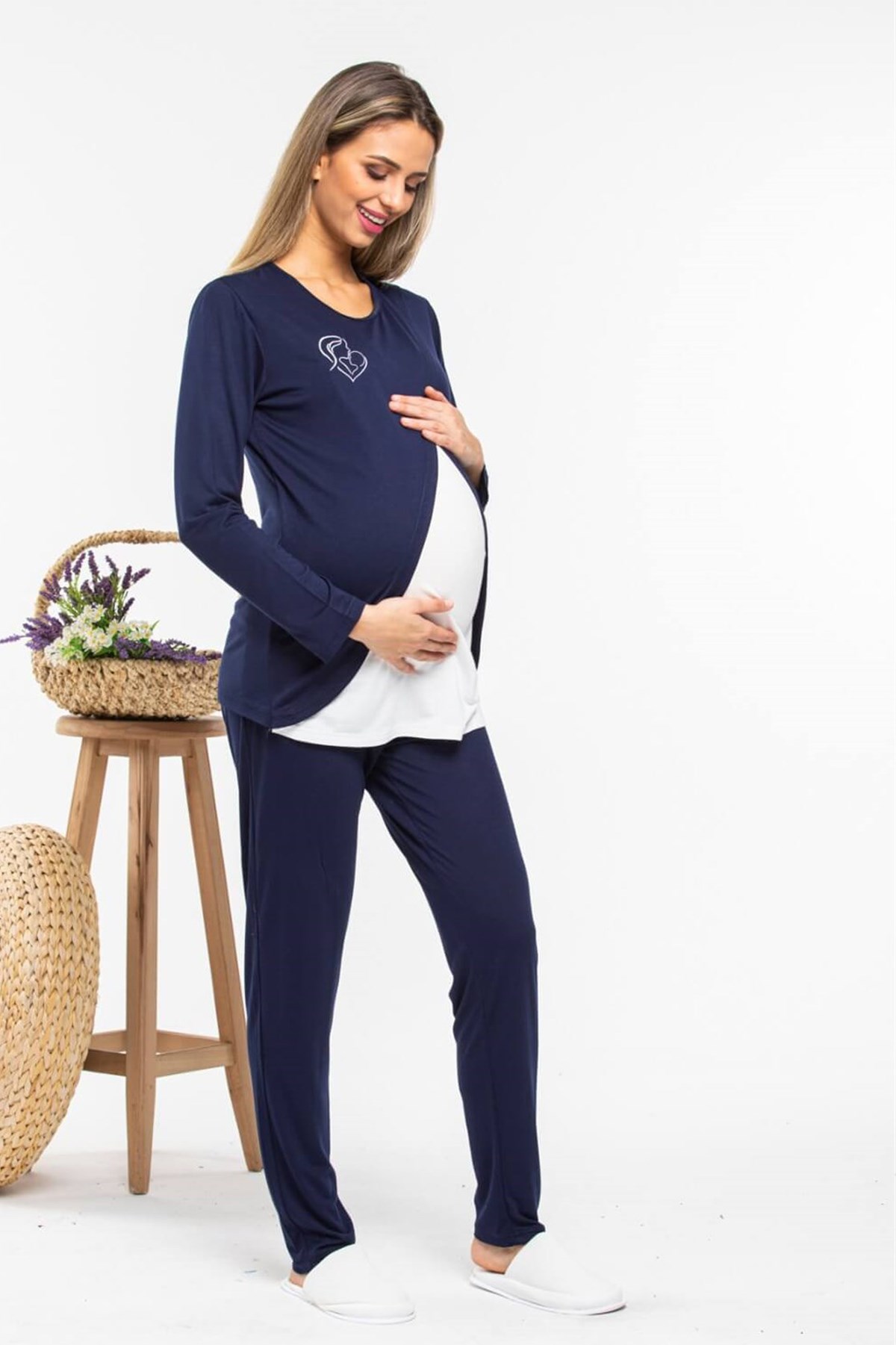 Carpediem 1558 Lacivert Emzirme Özellikli Lohusa Pijama Takımı