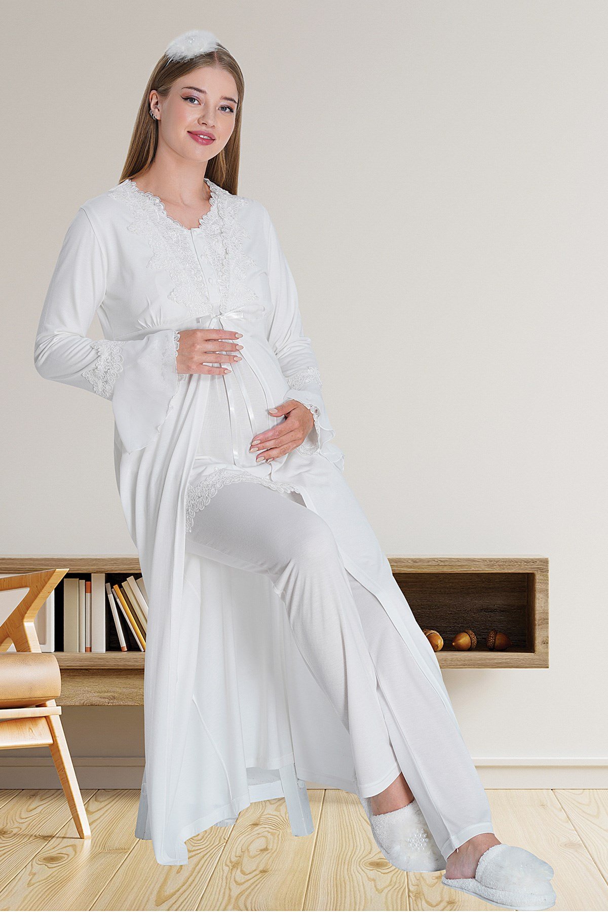 Carpediem La Rose 1517 Ekru Sabahlıklı Lohusa Pijama