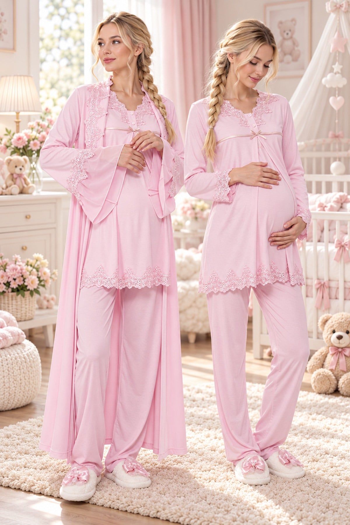 Dantel Detaylı %100 Pamuk Pudra Gizli Emzirme Özellikli Sabahlıklı Lohusa Pijama Takımı 070340