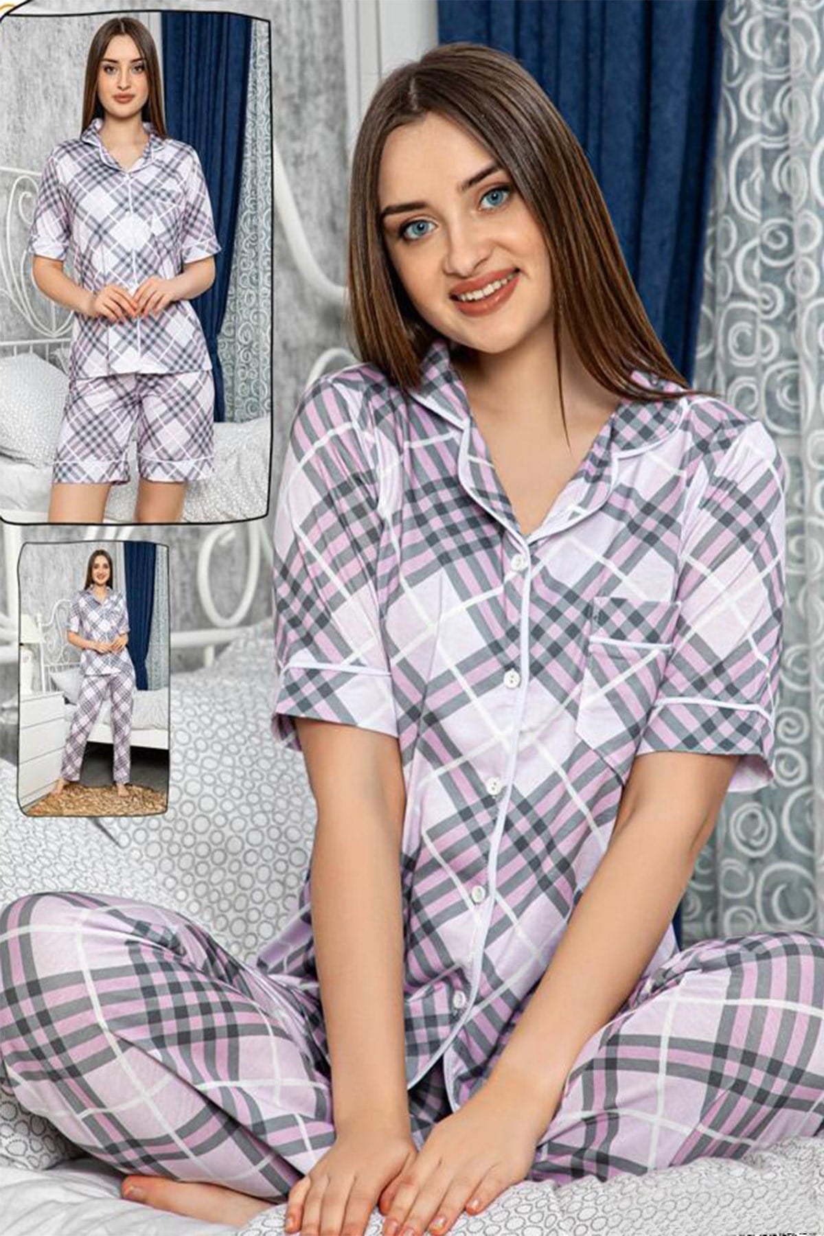Check 34085 Önden Düğmeli Lohusa Pijama ve Şortlu Set