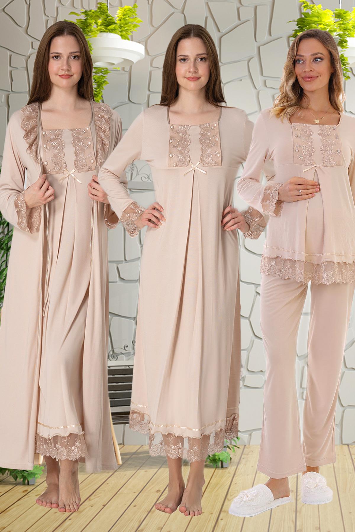 Effortt 3046 Sütlü Kahve Dantelli 4lü Lohusa Seti