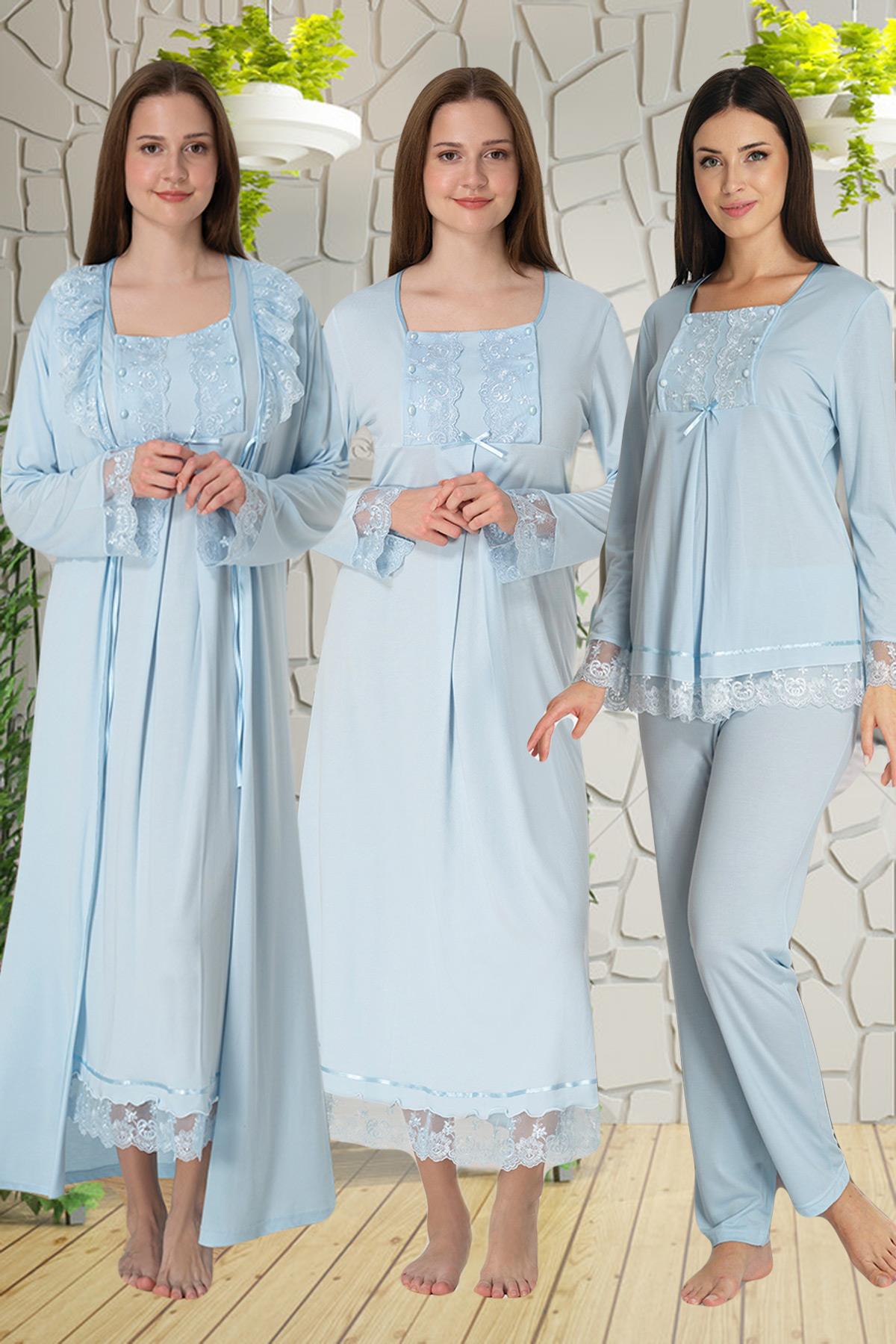 Effortt 3046 Mavi Dantelli 4lü Lohusa Seti