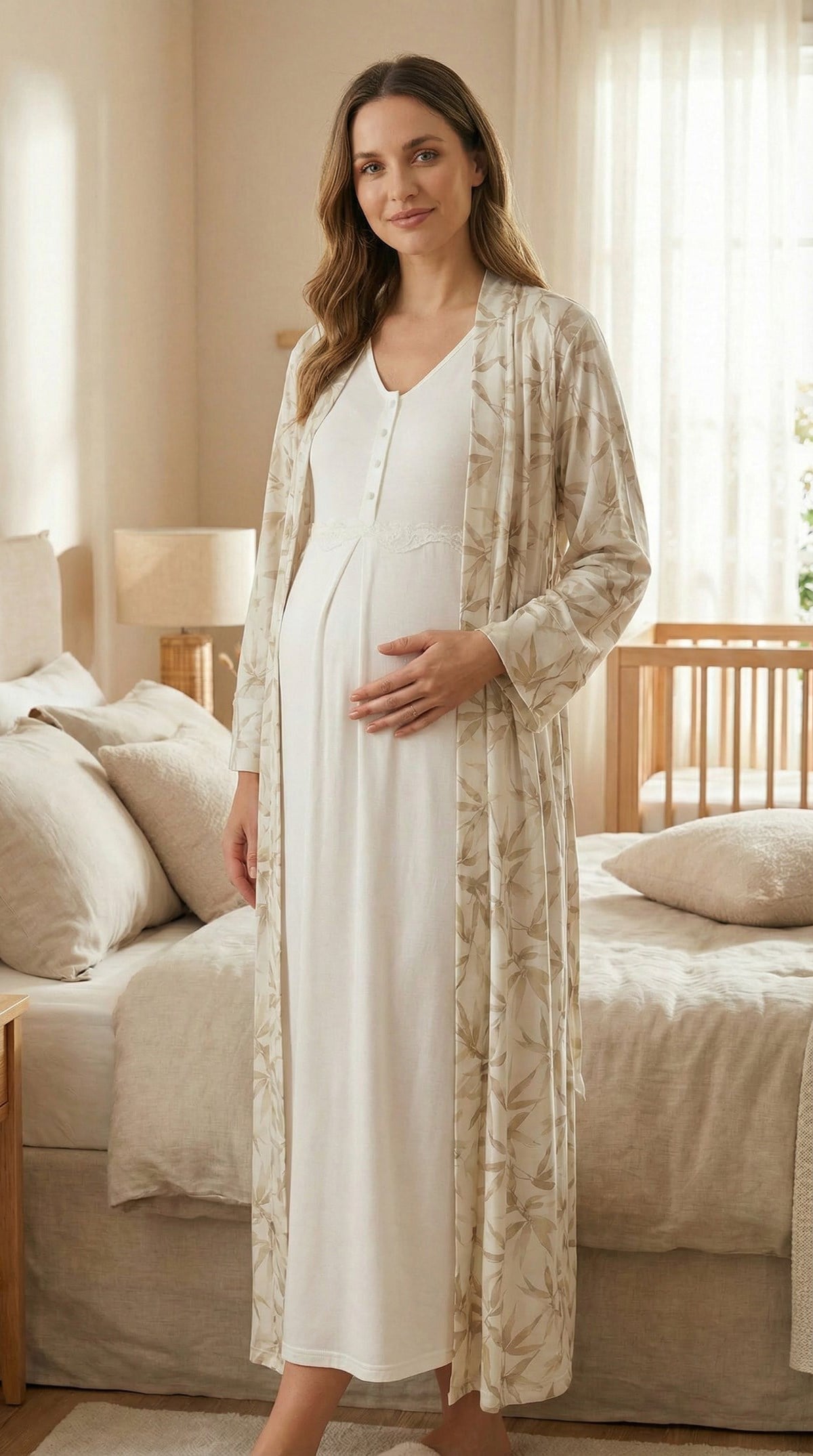 Rimel Life 701 Olive Desen Yumuşak Dokulu Sabahlıklı Lohusa Gecelik Takımı