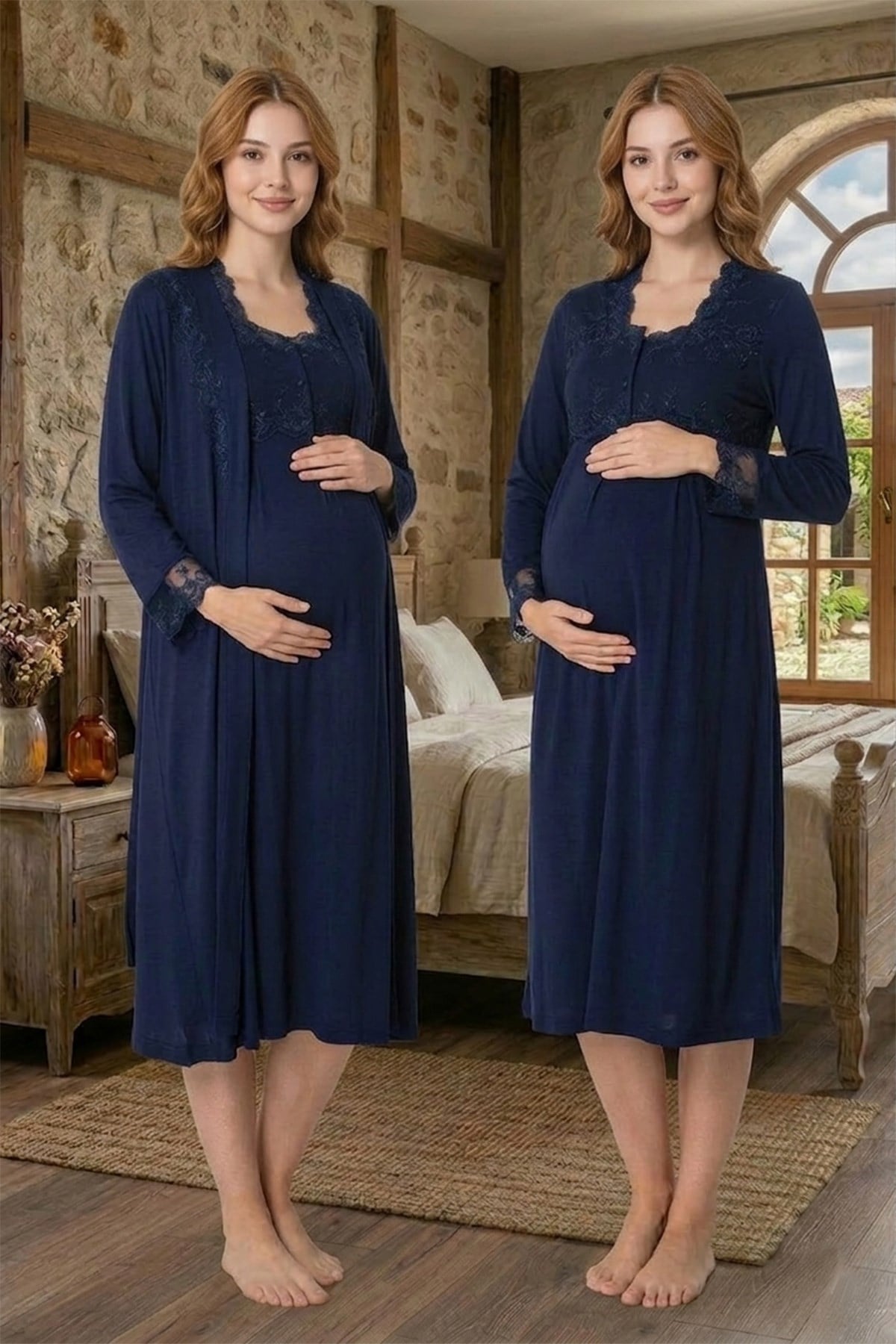 Dantel Detaylı Lacivert Sabahlıklı Lohusa Gecelik Takımı