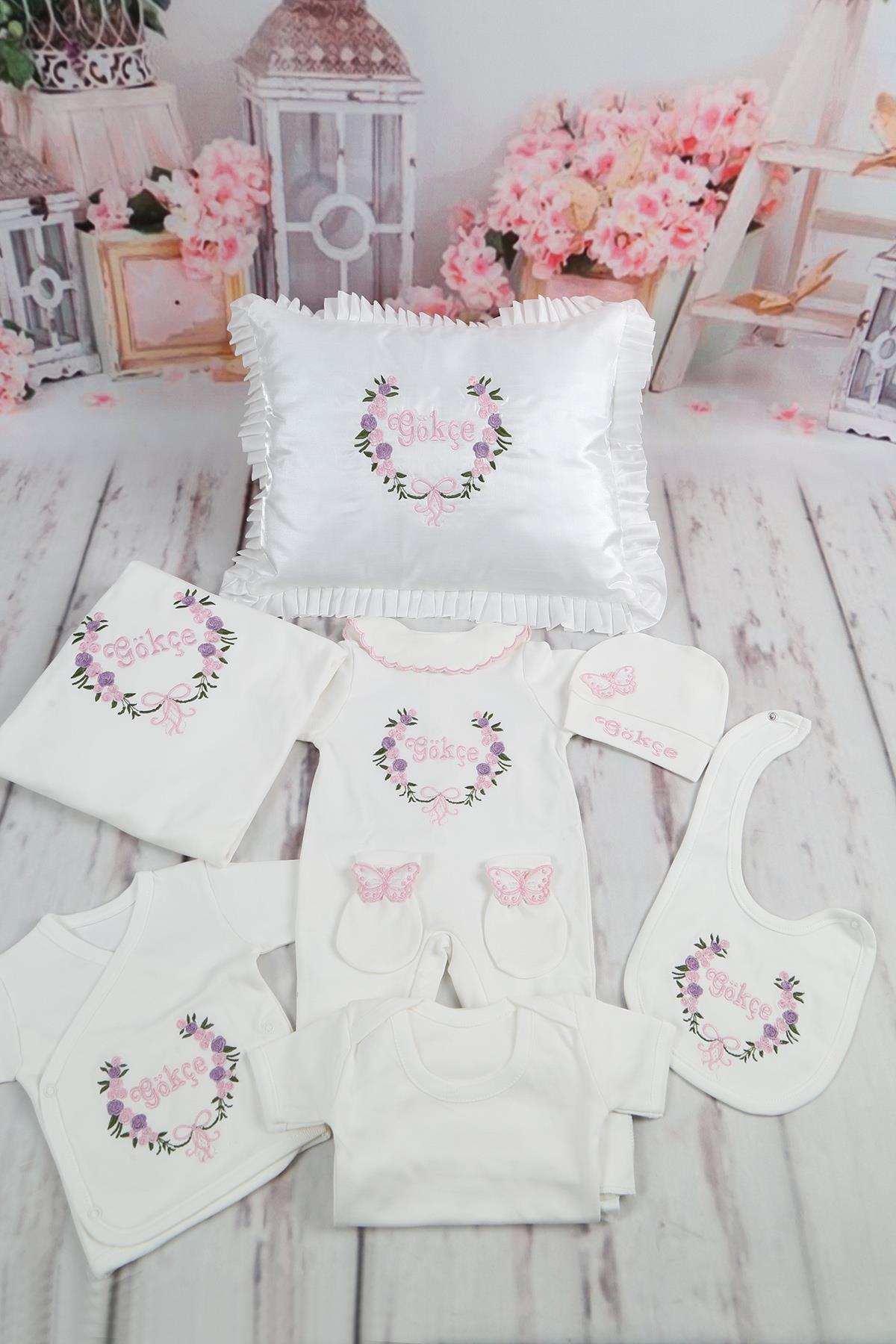 İsme Özel Çiçek Nakışlı FırFır Yastıklı 11li Hastane Çıkış Seti