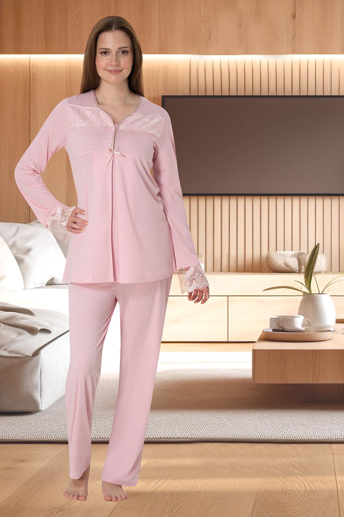 Effortt 4082 Pudra Dantelli Uzun Kol Lohusa Pijama Takımı