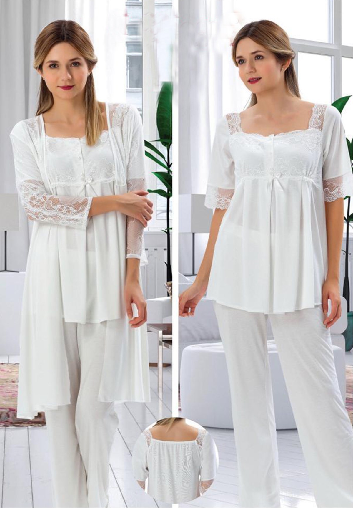 Duchesse 3005 Omuzları ve Kollar Dantel Detaylı Sabahlıklı Lohusa Pijama Takımı