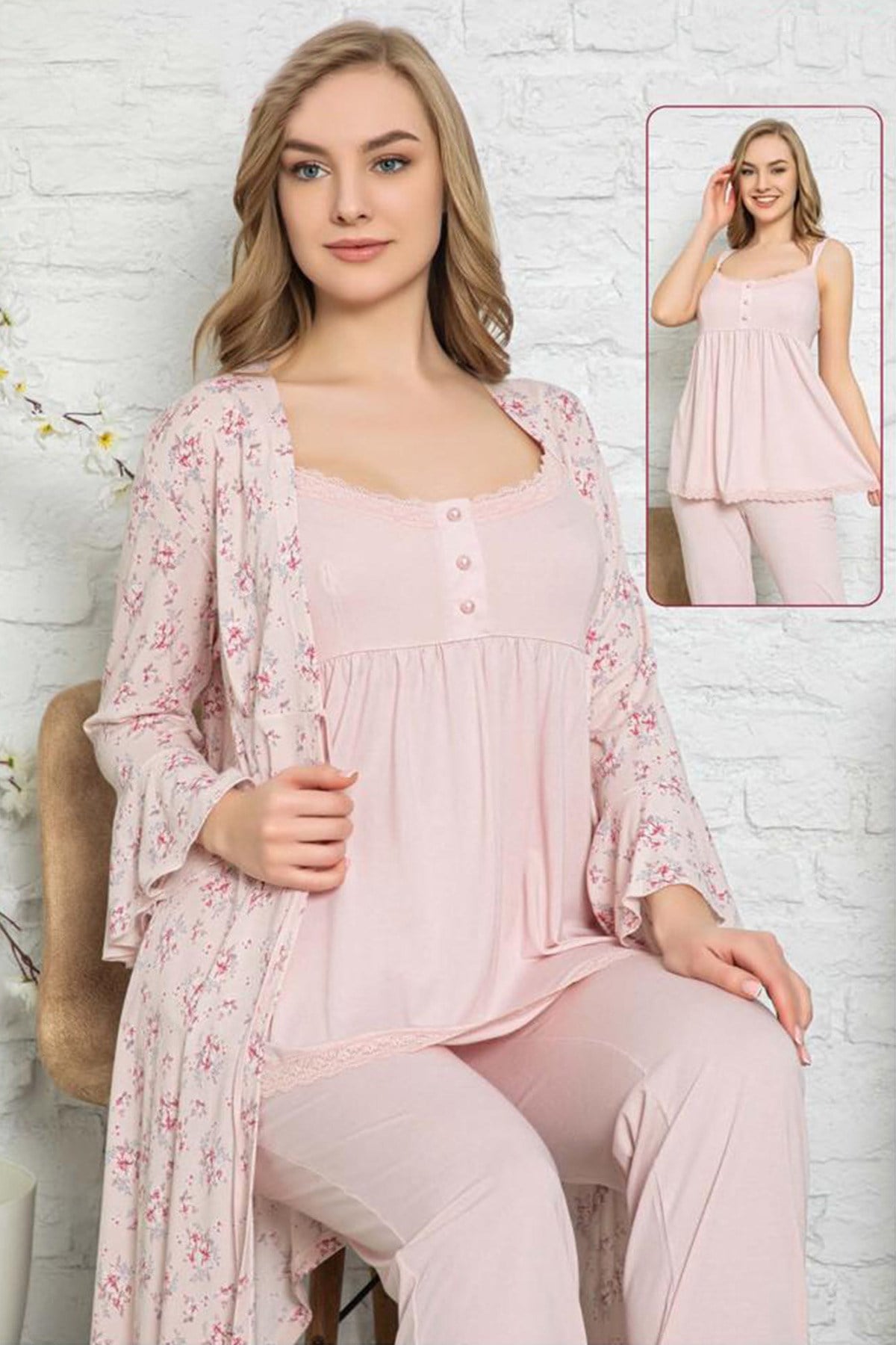 Duchesse 3016 Çiçek Detaylı Sabahlıklı Lohusa Pijama Takımı