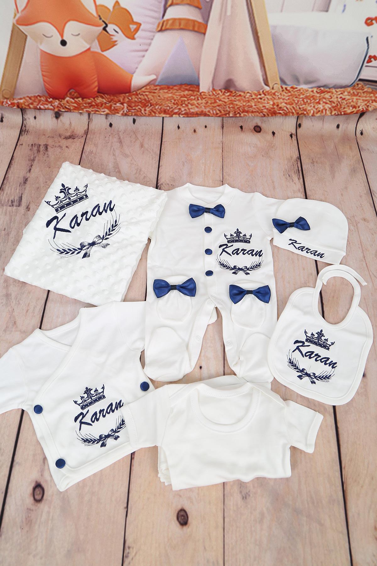 İsme Özel Lacivert Tac Nakışlı Hastane Çıkışı 10lu Set