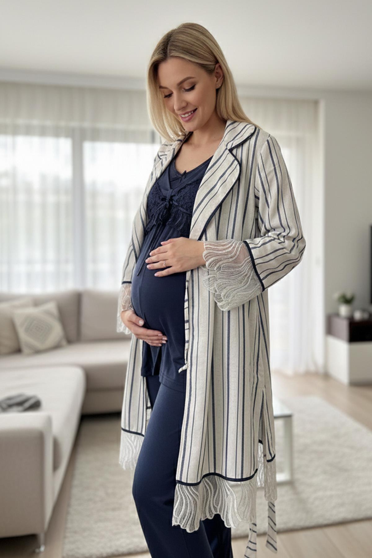 Bone 6207 Çizgili Keten Sabahlıklı Lohusa Pijama Takımı