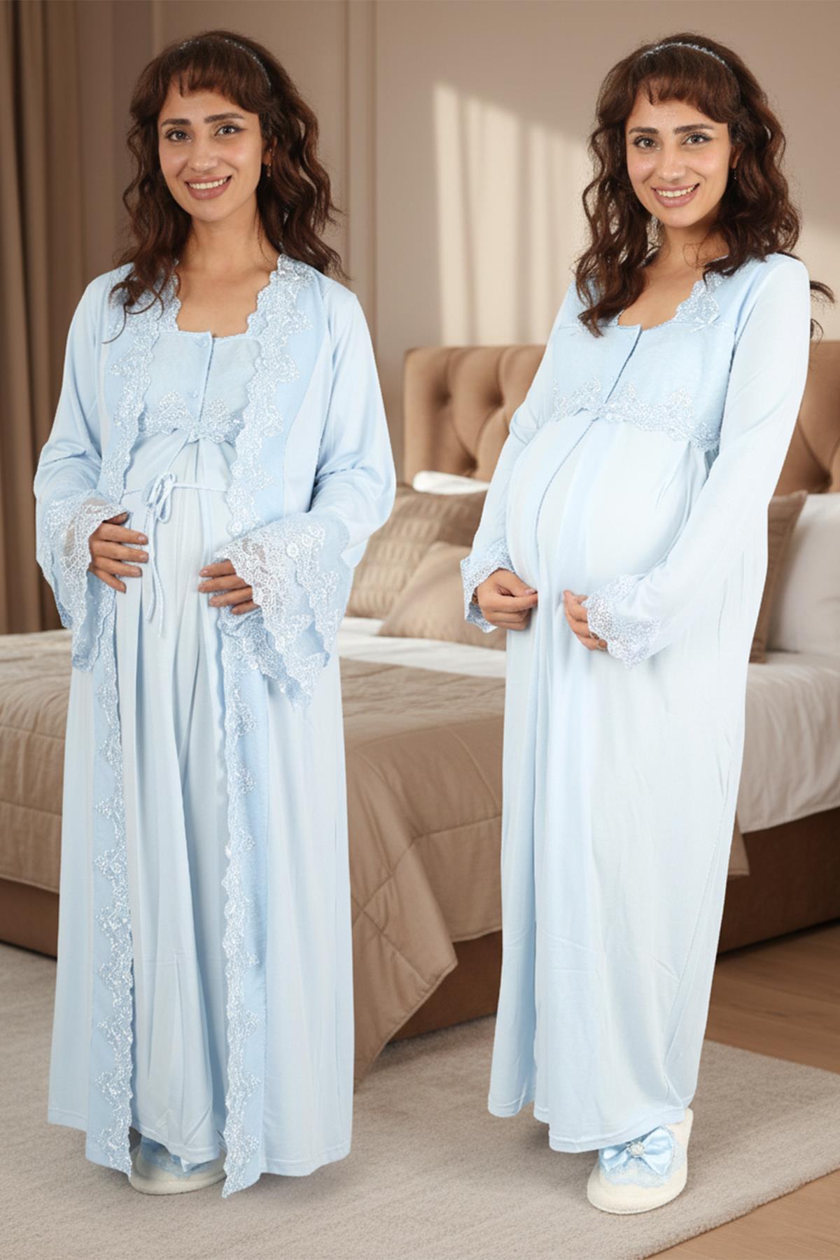 Mavi Prenses Dantelli Sabahlıklı Uzun Kol Lohusa Gecelik Takımı 70150