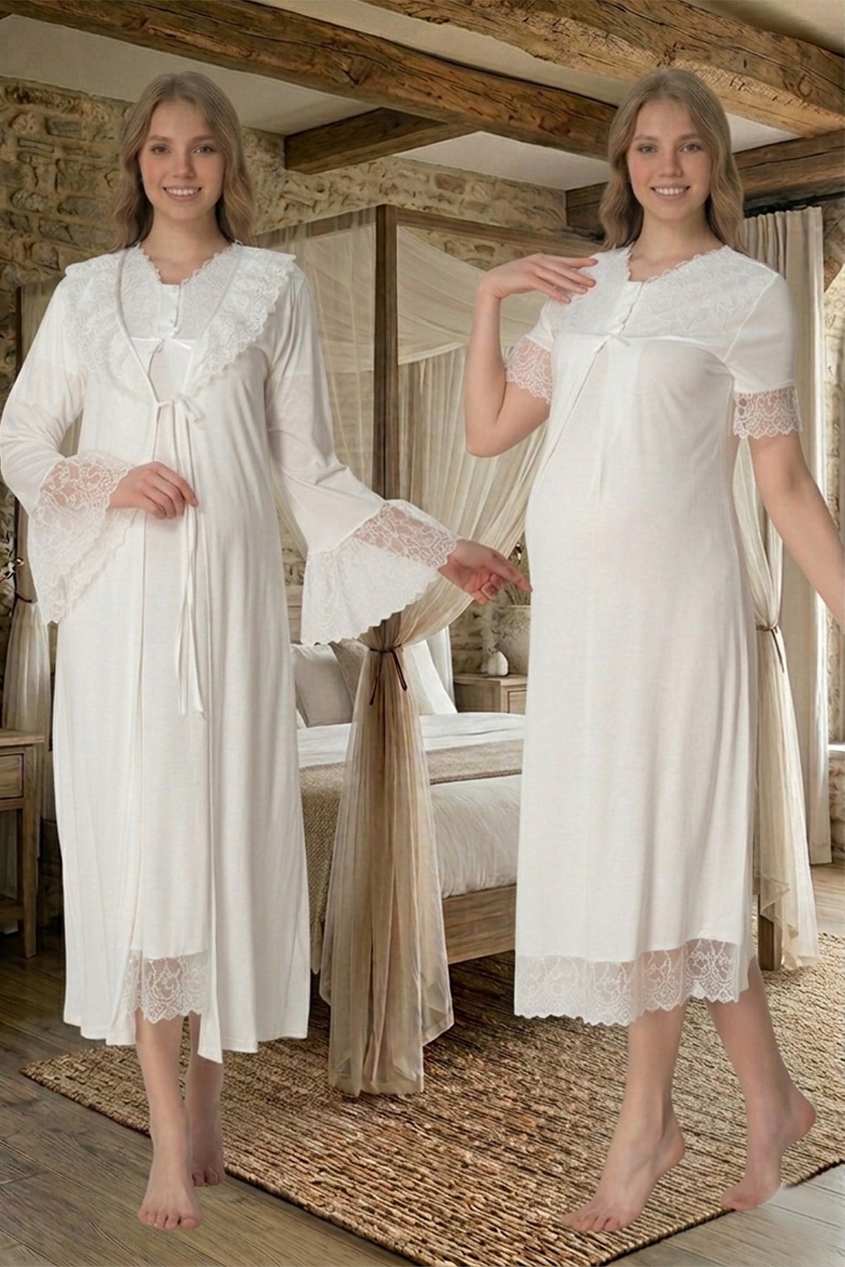 Kolları Güpürlü Pamuklu Ekru Sabahlıklı Lohusa Gecelik Takımı