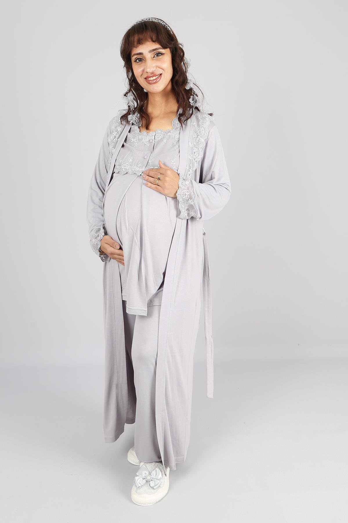 Gri Dantel Sabahlıklı Uzun Kol Hamile Lohusa Pijama Takımı 2601