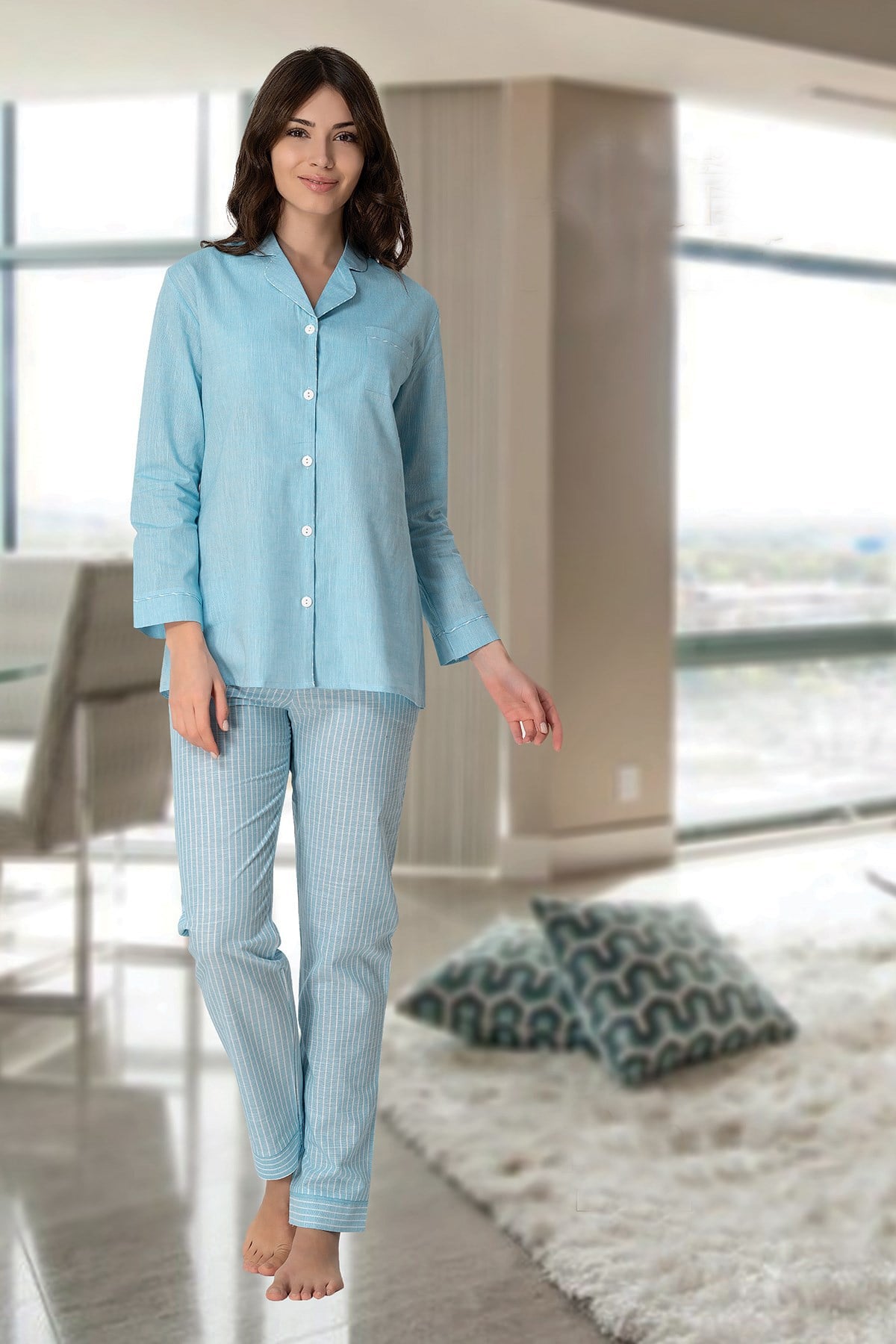 Effortt 1030 Turkuaz Önden Düğmeli Lohusa Pijama Takımı