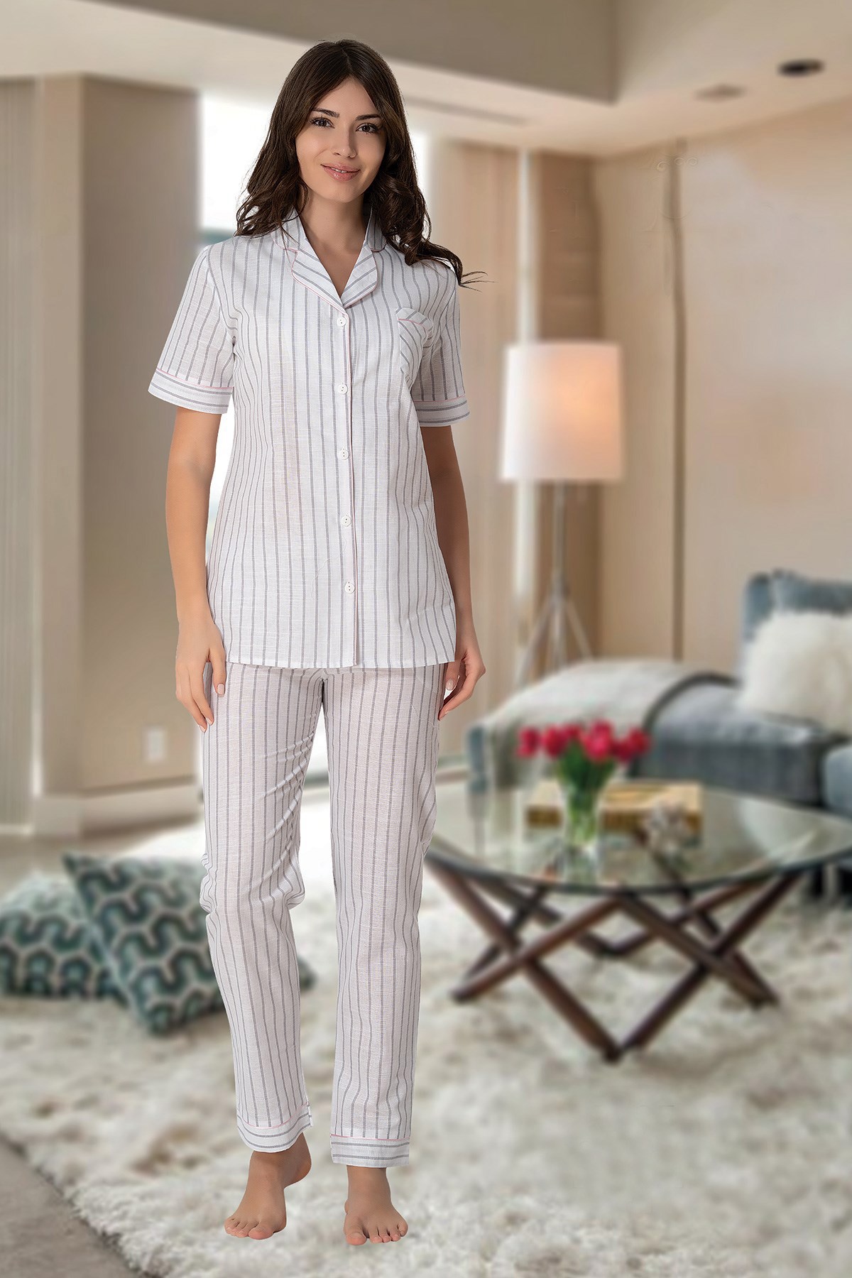 Effortt 1035 Gri Önden Düğmeli Kısa Lohusa Pijama Takımı