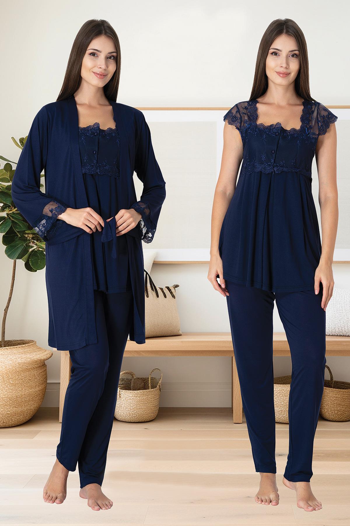 Effortt 2301 Navy Blue Maternity Pajama and Robe Set