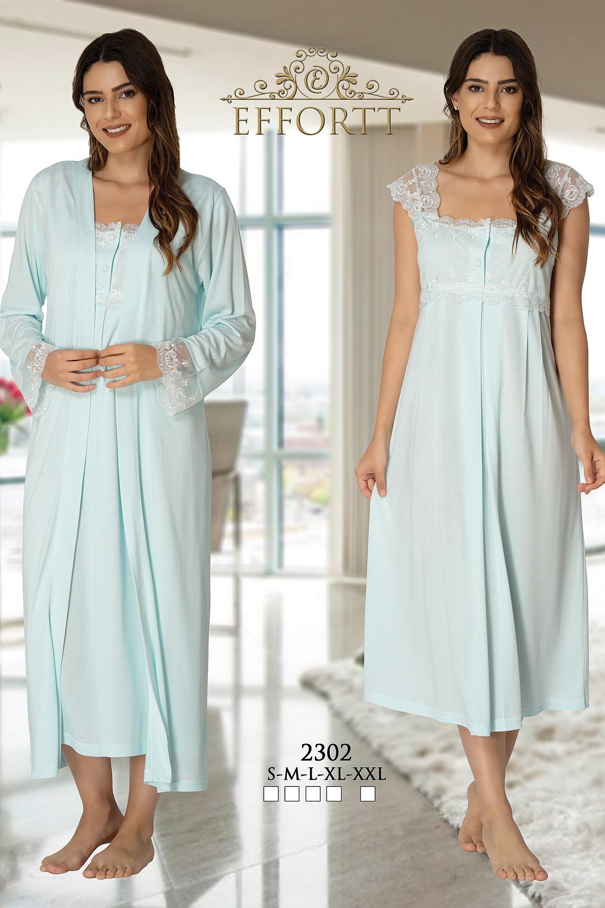 Effortt 2302 Turquoise Maternity Nightgown with Robe Set