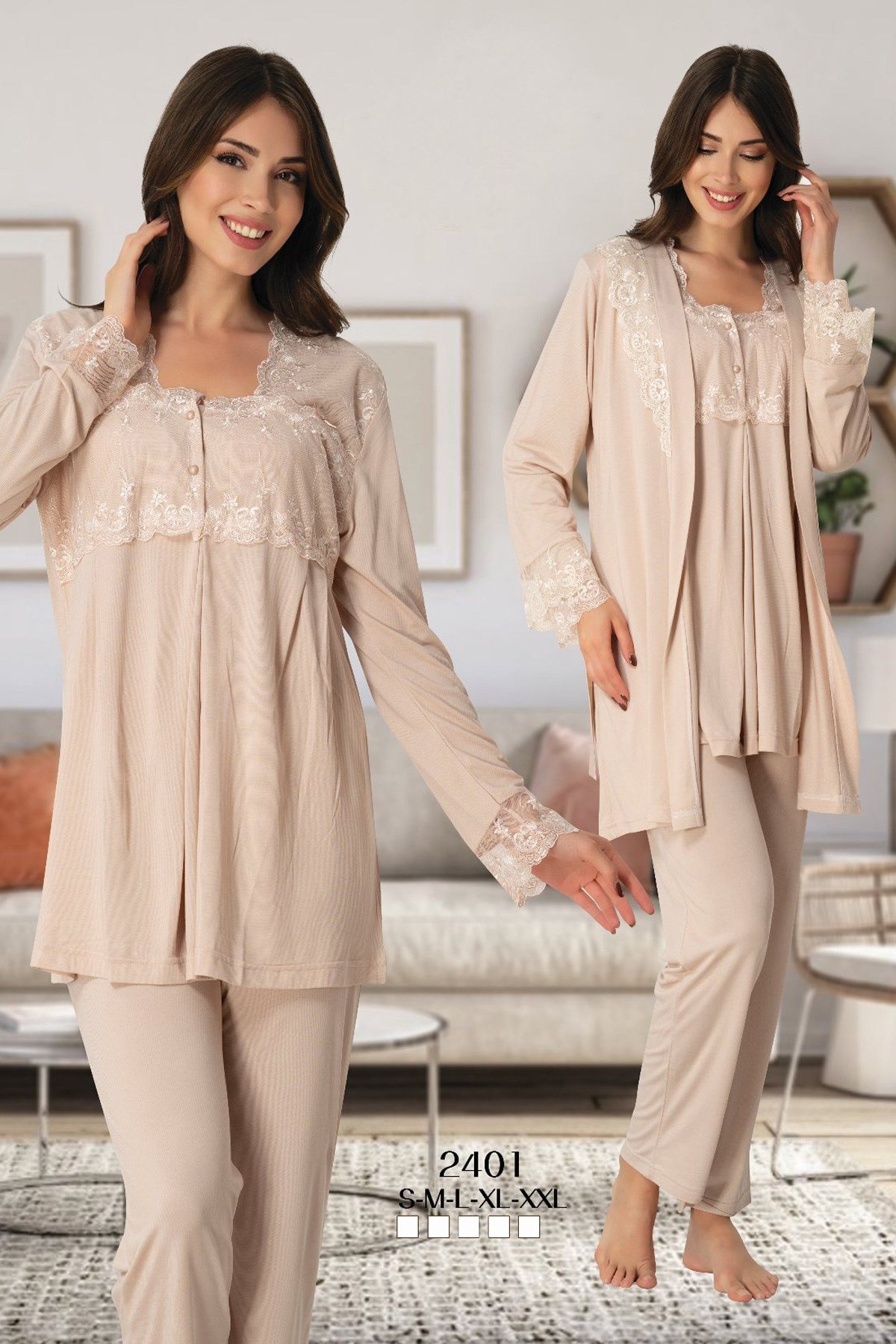 Effortt 2401 Sütlü Kahve Sabahlıklı Lohusa Pijama Takımı