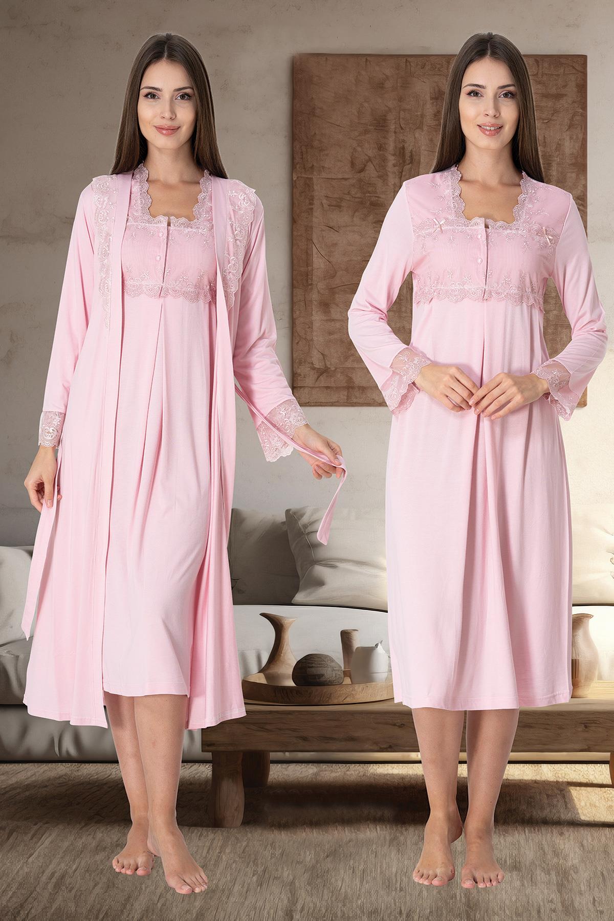 Effortt 2402 Pudra Pembe Sabahlıklı Lohusa Gecelik Takımı