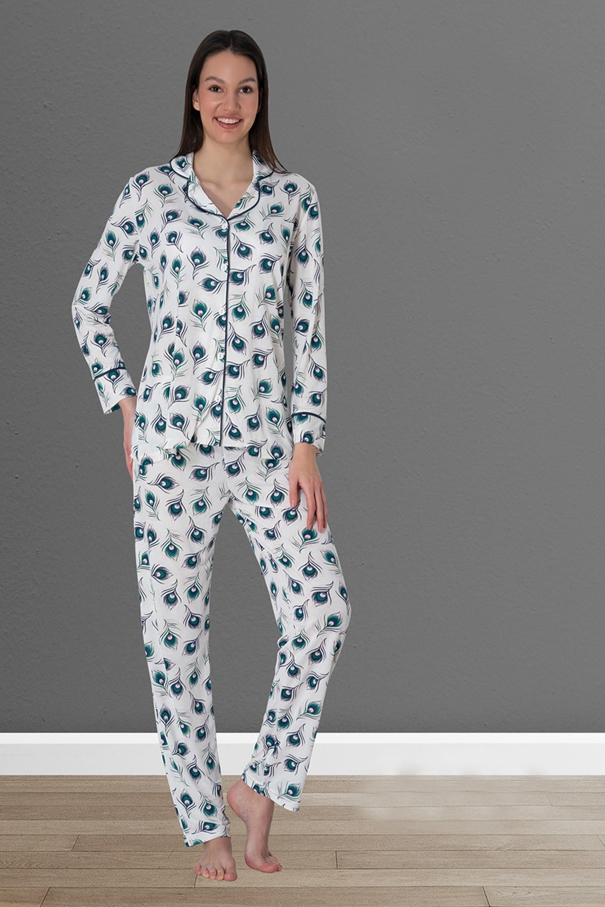 Effortt 2422 Yeşil Uzun Kol Önden Düğmeli Lohusa Pijama Takımı