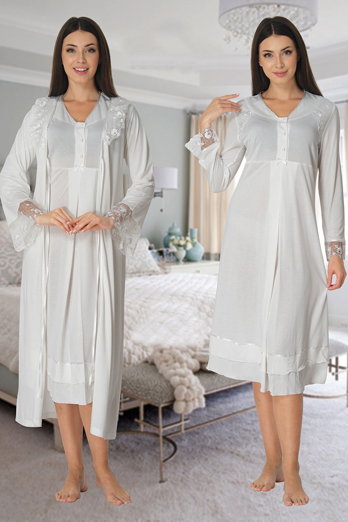 Effortt 2425 Ekru Uzun Dantel Sabahlıklı Lohusa Gecelik