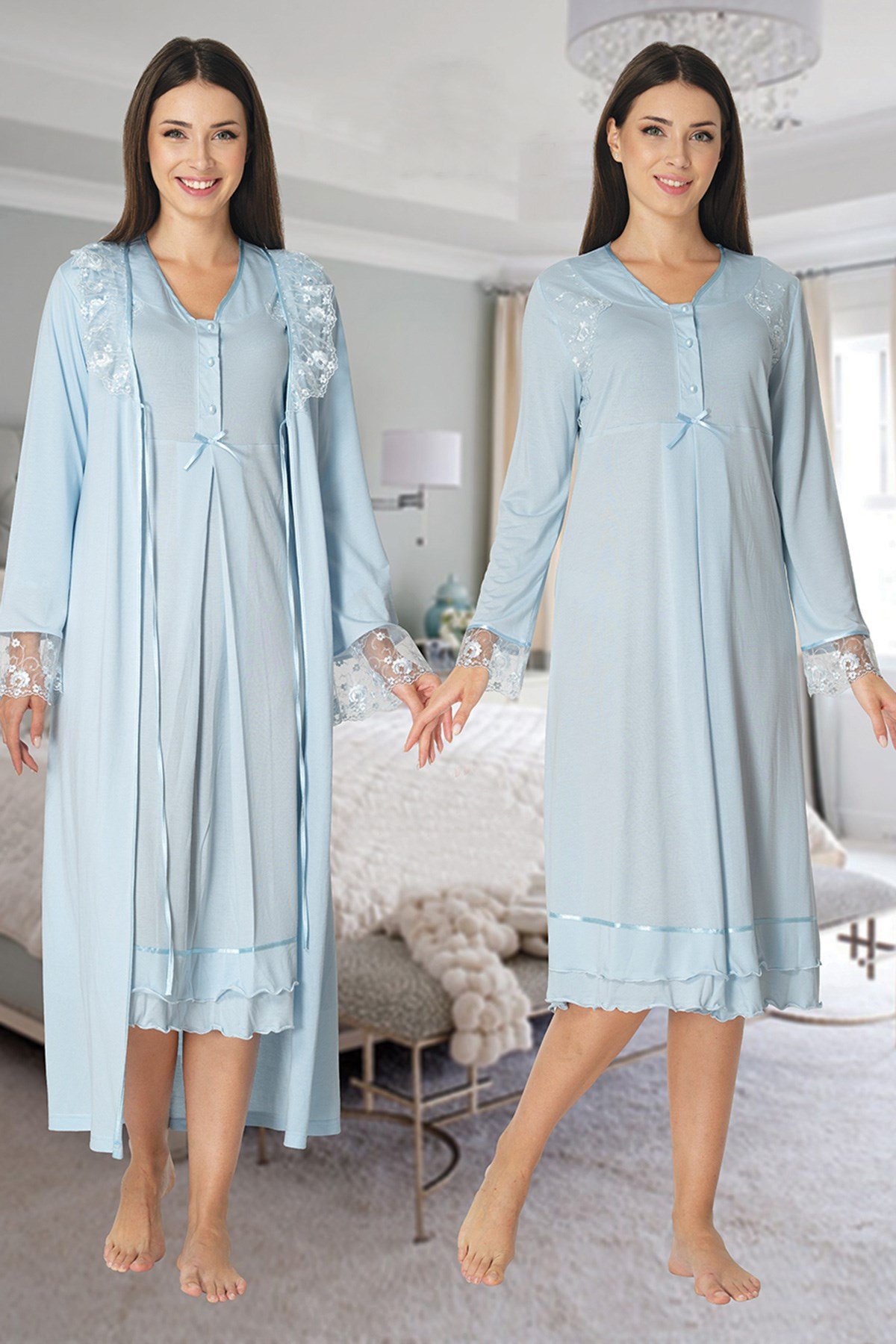 Effortt 2425 Mavi Uzun Dantel Sabahlıklı Lohusa Gecelik