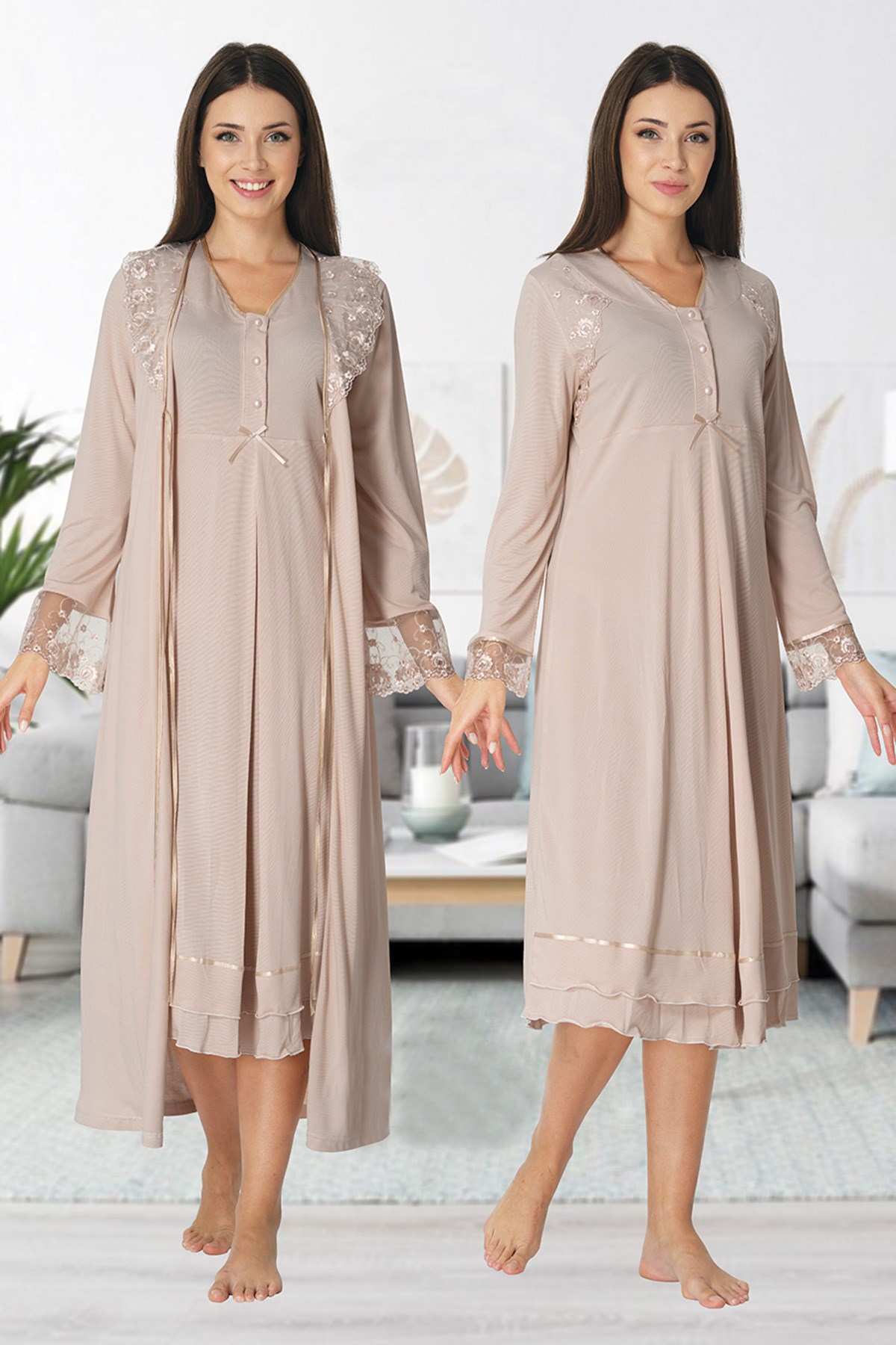 Effortt 2425 Sütlü Kahve Uzun Dantel Sabahlıklı Lohusa Gecelik