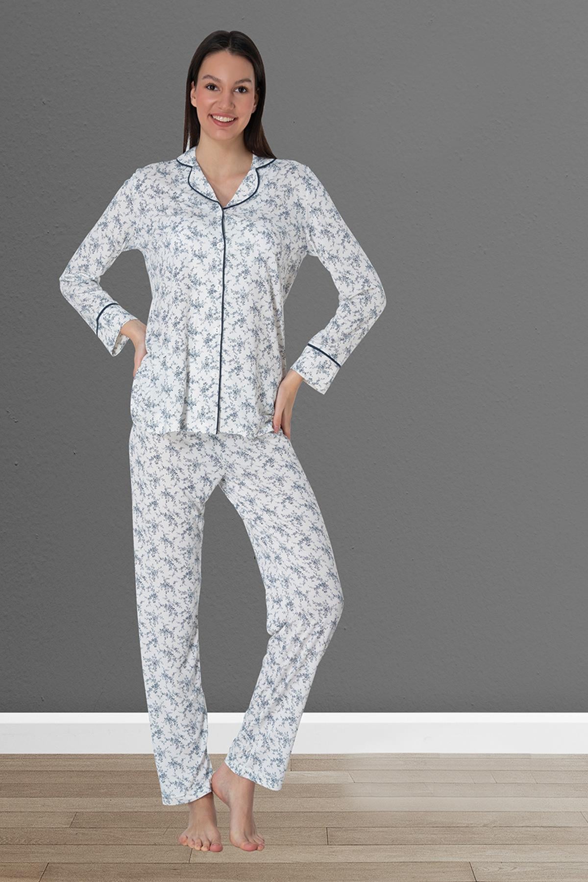 Effortt 2462 Desen Detaylı Uzun Kol Önden Düğmeli Lohusa Pijama Takımı