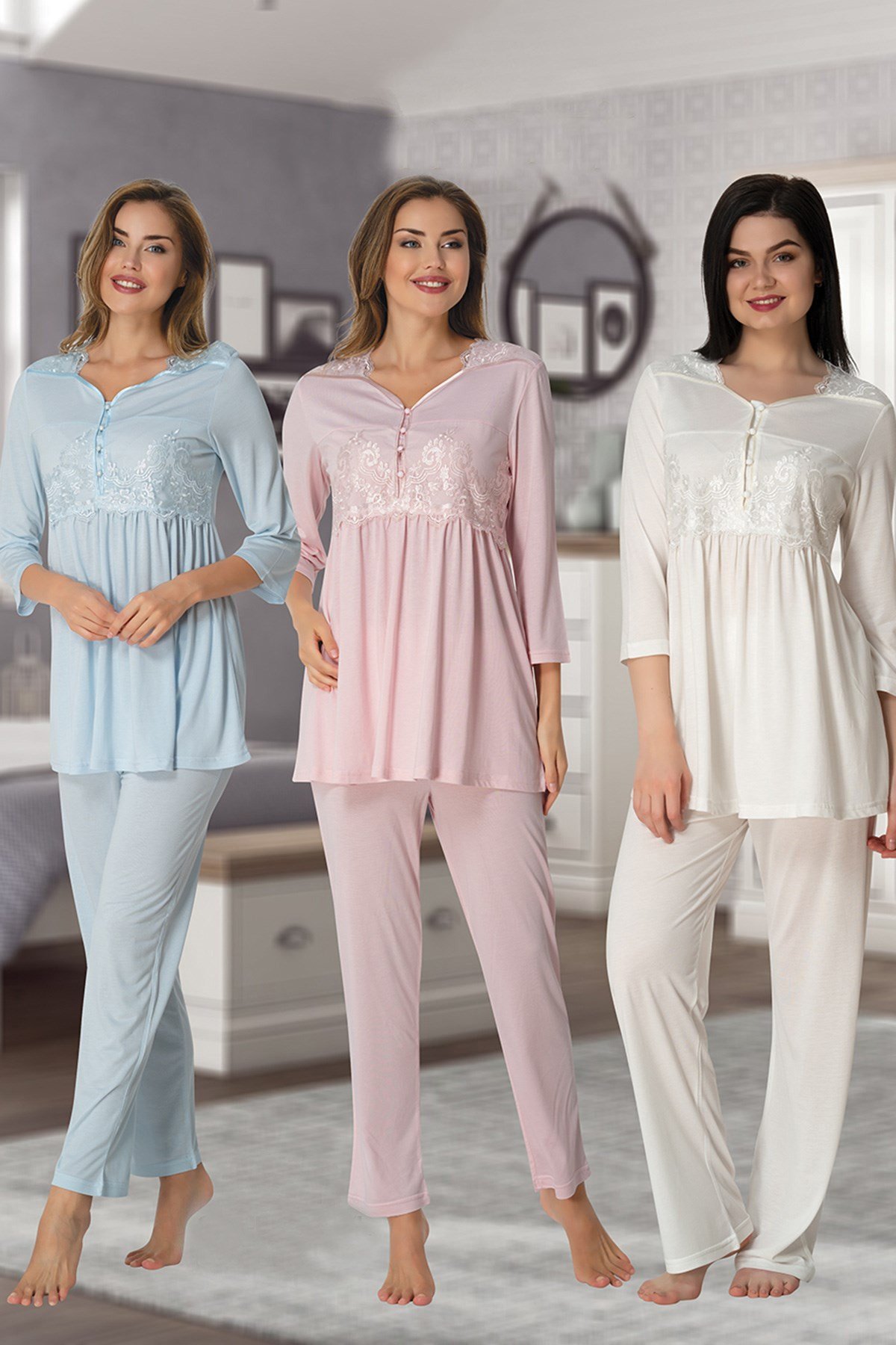 Effortt 3011 Mavi Dantel Detaylı Lohusa Pijama Takımı