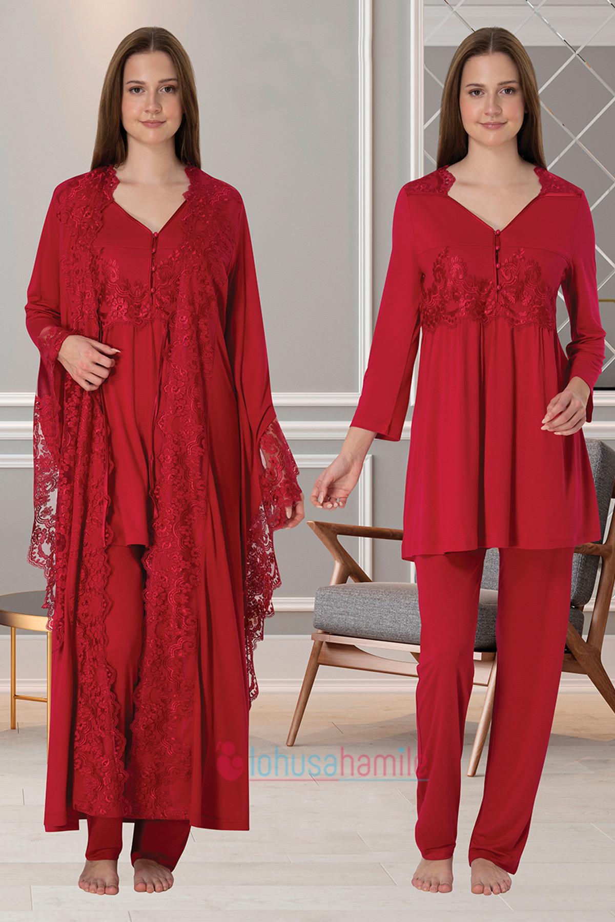 Effortt 3015 Vişne Prenses Sabahlıklı Lohusa Pijama Takımı