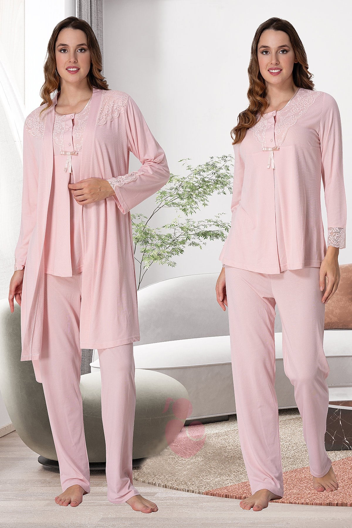 Effortt 3040 Baby Pink Maternity Pajama and Robe Set